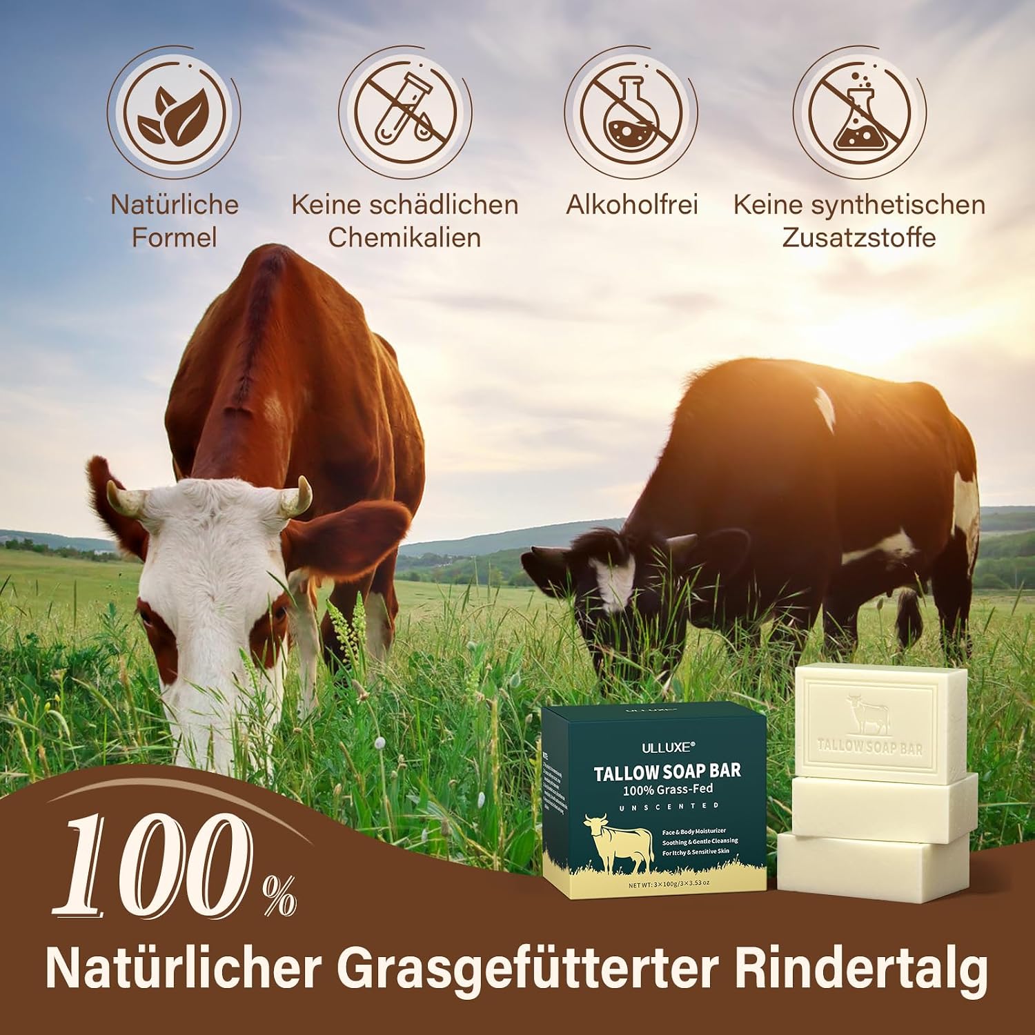 Detalle de Beef Tallow Soap – Duftlose Talgseife, 3 × 100 g, natürlich grasgefüttert