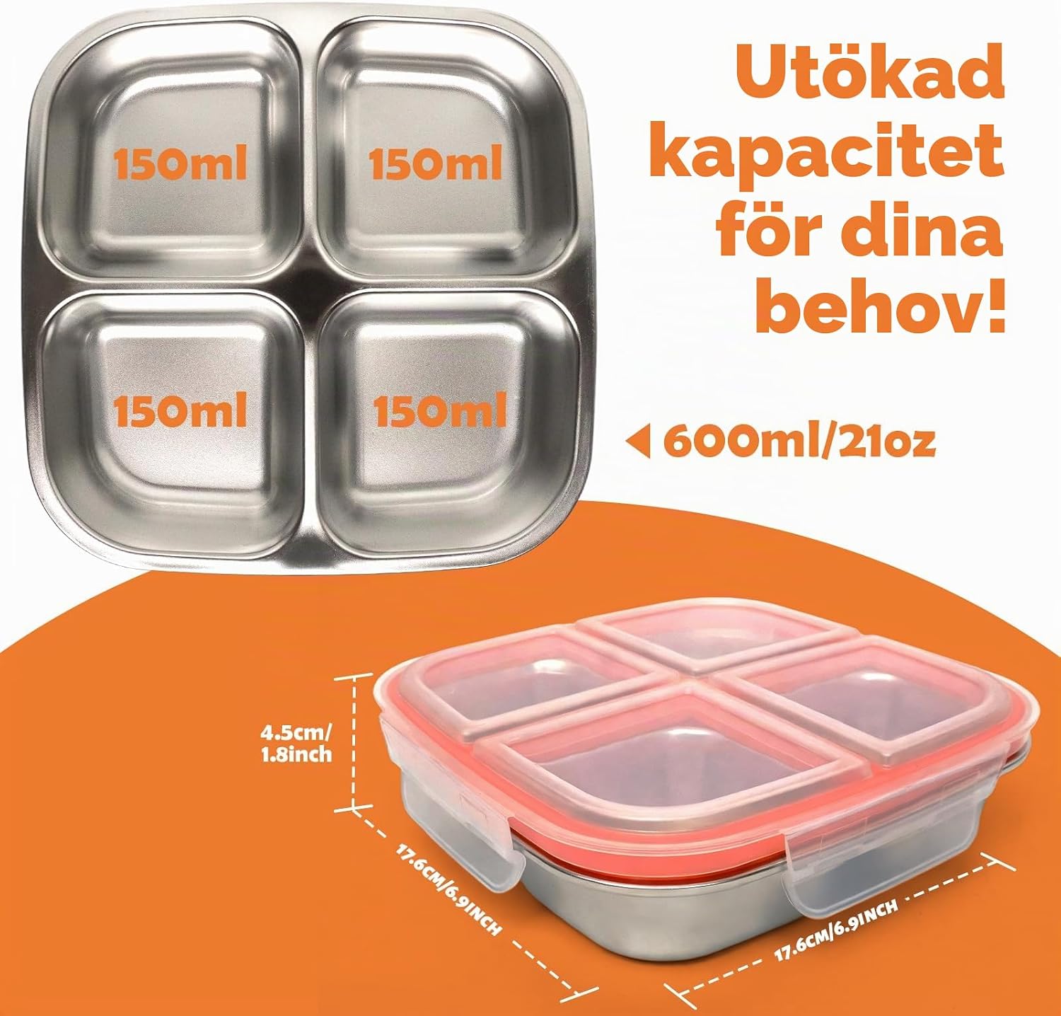 Detalle de Ouxayapl snackslådor i rostfritt stål, 2-pack, 600 ml med fyra fack