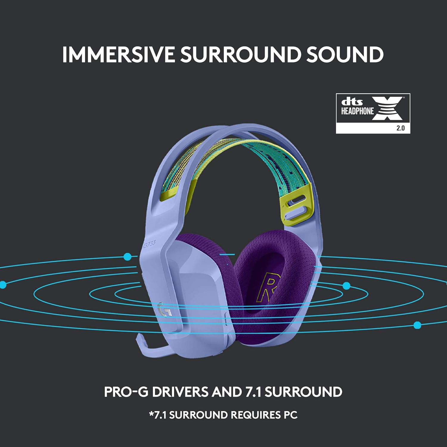 Detalle de Logitech G G733 LIGHTSPEED Wireless Gaming Headset (Lilac) with PRO-G audio drivers and LIGHTSYNC RGB