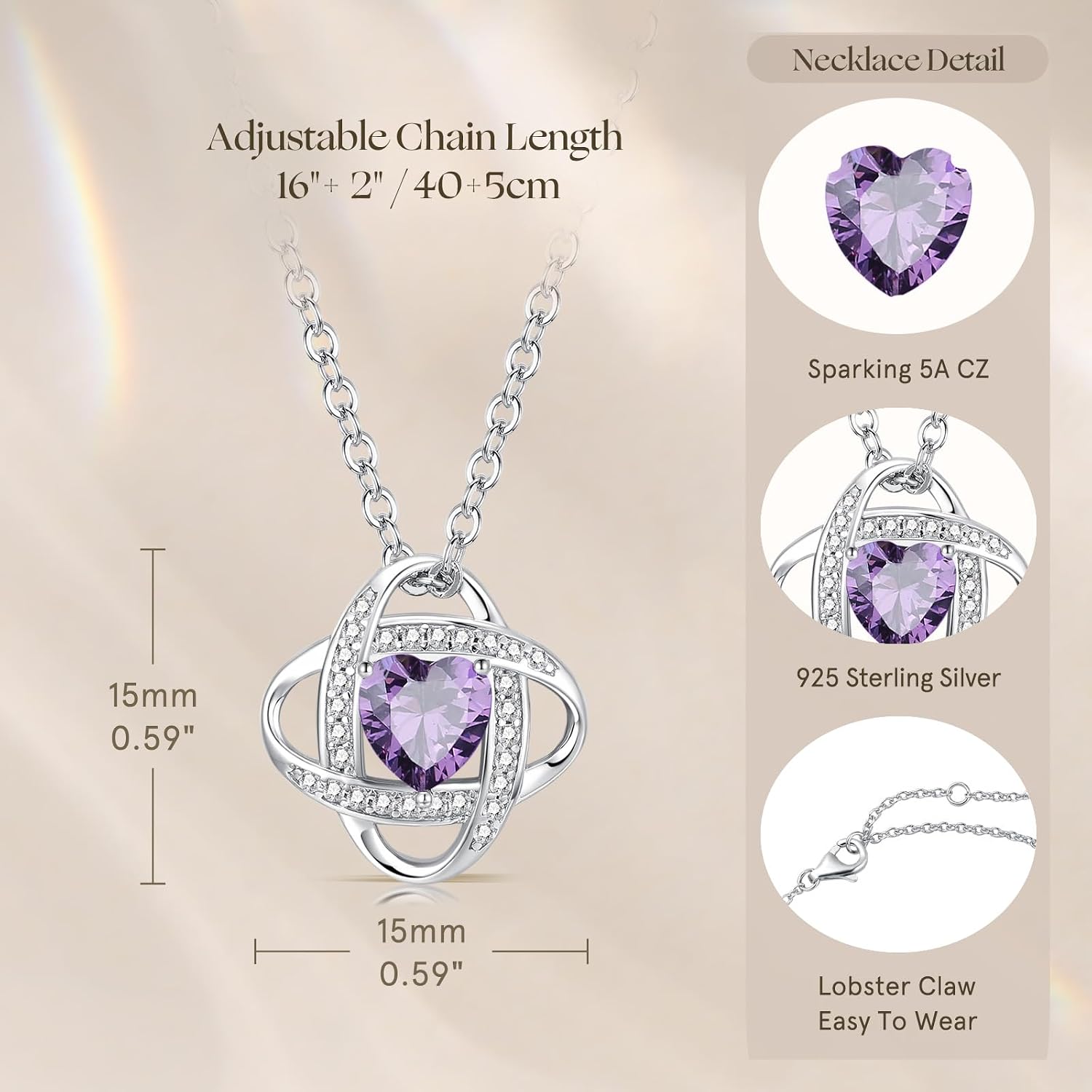 Thumbnail 5 de FANCIME Love Knot Birthstone Necklace for Women – Sterling Silver with February Amethyst Pendant