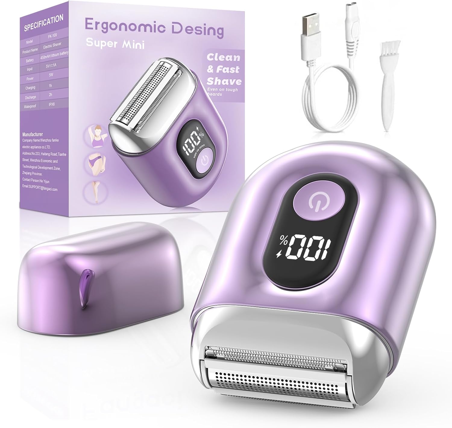 Detalle de Cordless Electric Shaver for Women: Mini Razor with LED Display (Bright Purple)