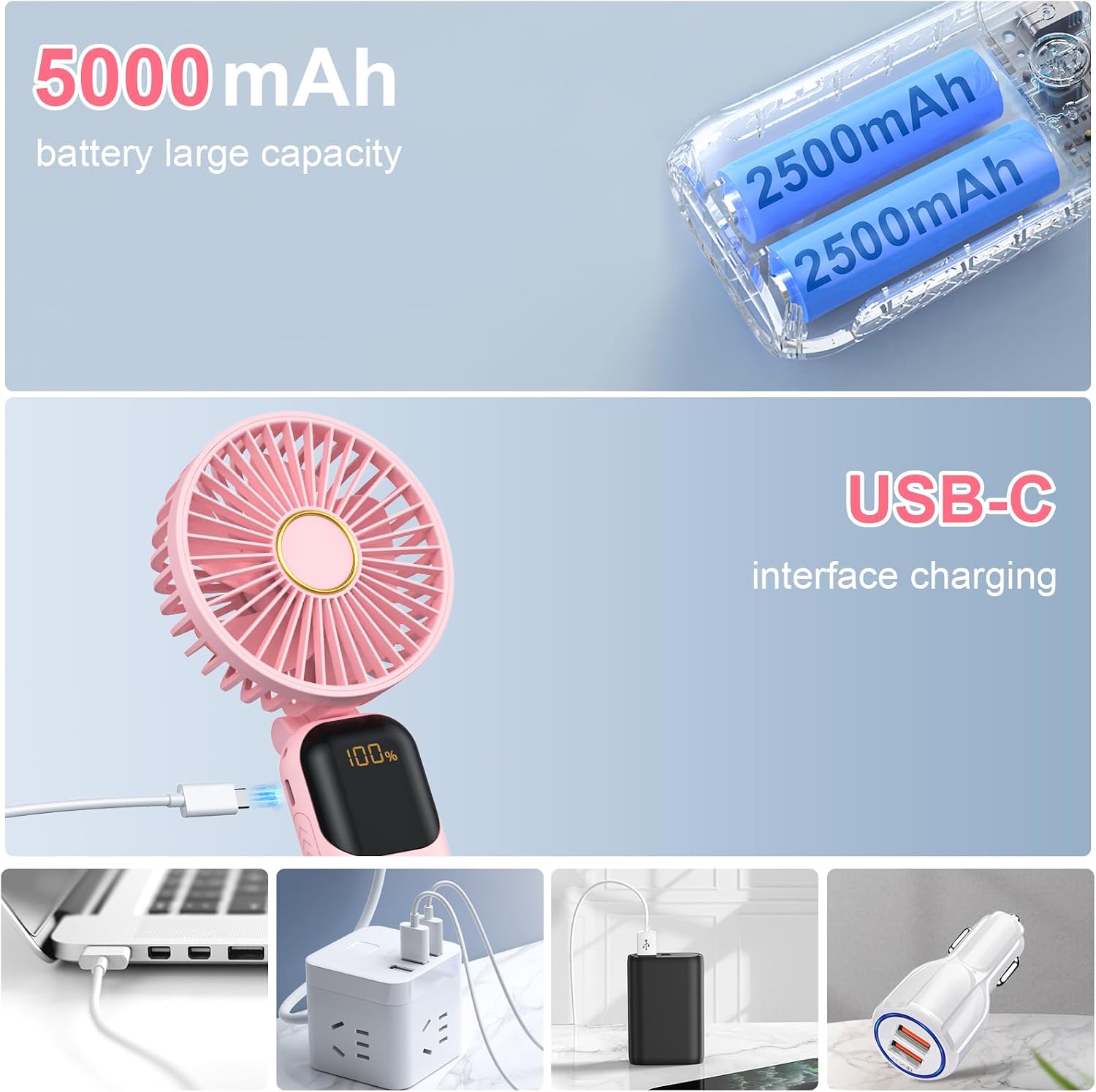 Thumbnail 3 de Handheld Fan Rechargeable 5 Speed Personal Air Cooler