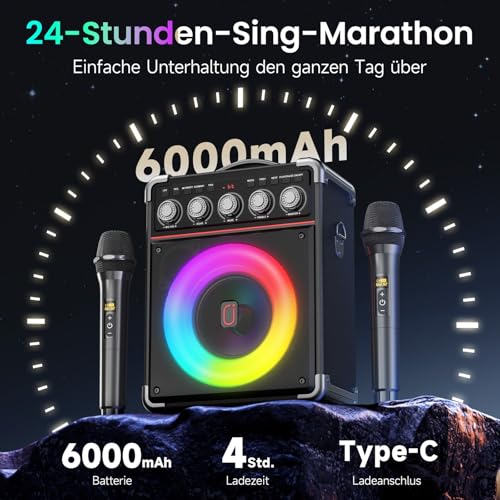 Detalle de JYX Karaoke Maschine TX05 mit 2 kabellosen Mikrofonen: Tragbare All-in-One Karaoke-Box mit Bluetooth 5.3