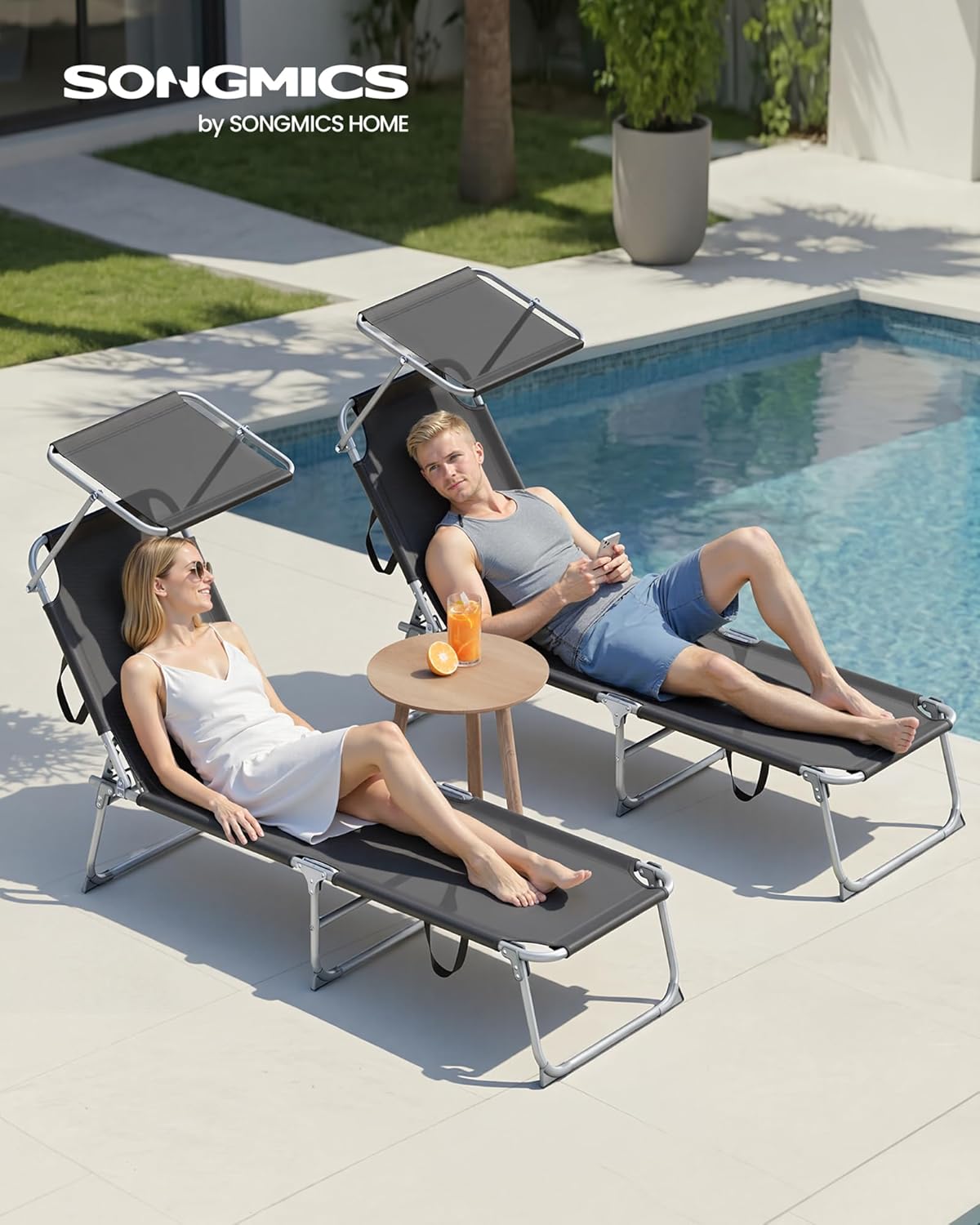 Thumbnail 1 de SONGMICS lot de 2 chaises longues pliantes avec pare-soleil réglable 360° et dossiers 4 positions, 189 x 53 x 28,5 cm (GCB294BZ02) – noir