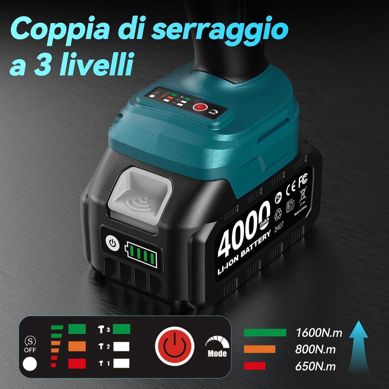 Detalle 2 de Uaoaii Avvitatore a impulsi a batteria 1600 Nm 1/2": kit completo con 2 batterie e prolunga