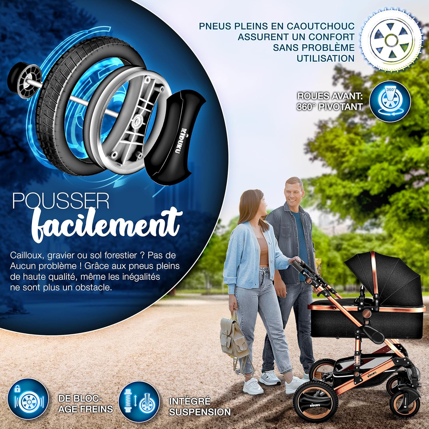 Thumbnail 2 de KIDUKU Poussette Combinée 3 en 1 – Trio tout-en-un (Noir/Champagne), siège auto léger et nacelle convertibles
