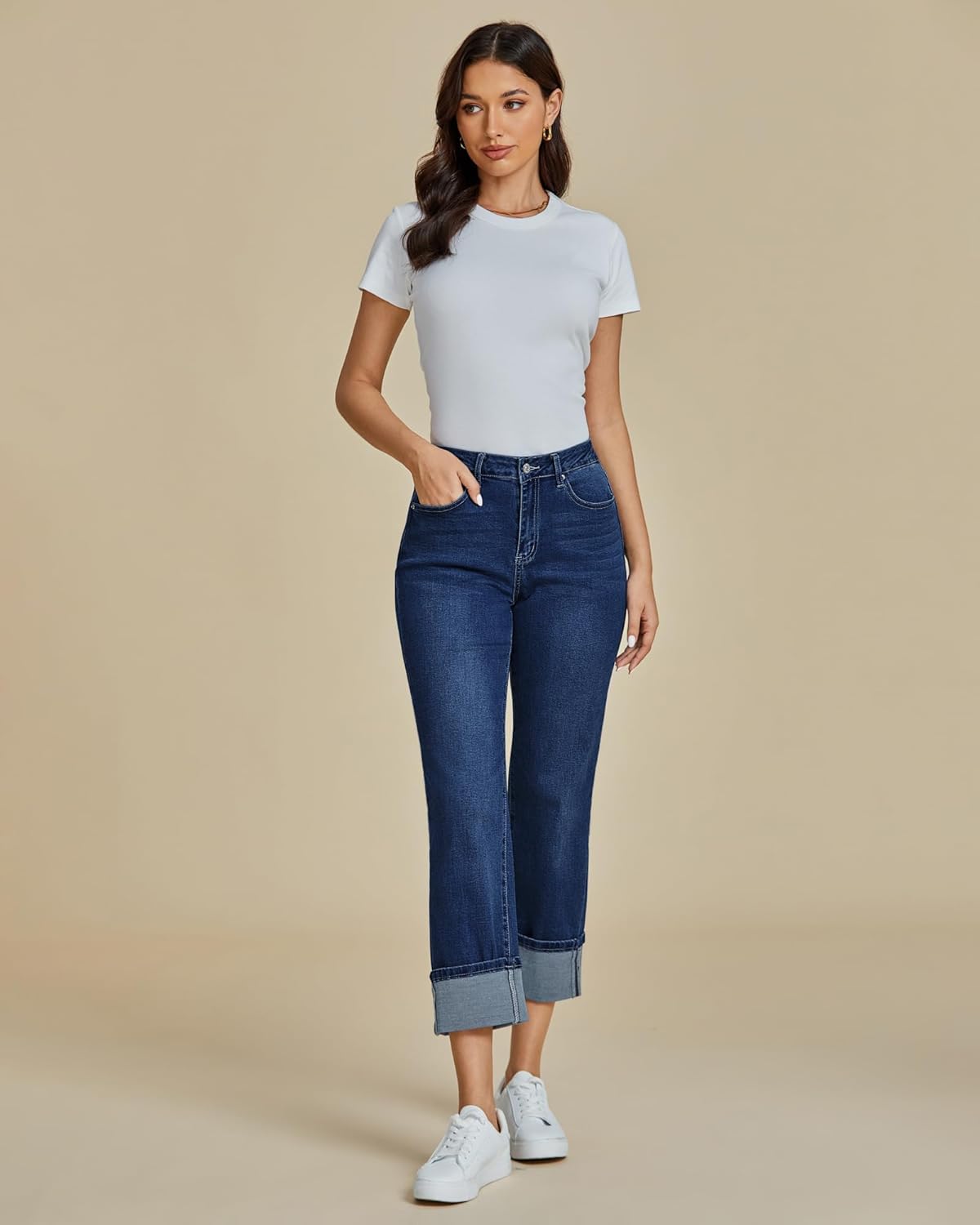 Thumbnail 6 de luvamia Straight Leg Jeans for Women – Cropped High-Waisted with Cuffed Hem and Stretchy Comfort