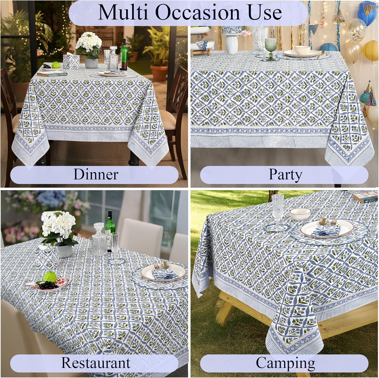 Detalle de Ridhi Steel Blue 60x60 Inches Square 100% Cotton Hand Block Print Tablecloth