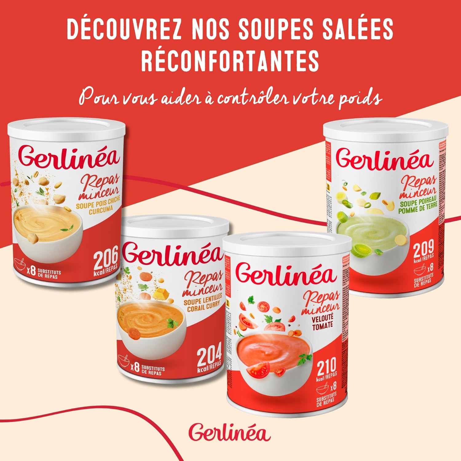 Detalle de GERLINÉA Soupe Lentilles Corail Curry – Substitut de Repas Minceur, 8 Repas, 424 g