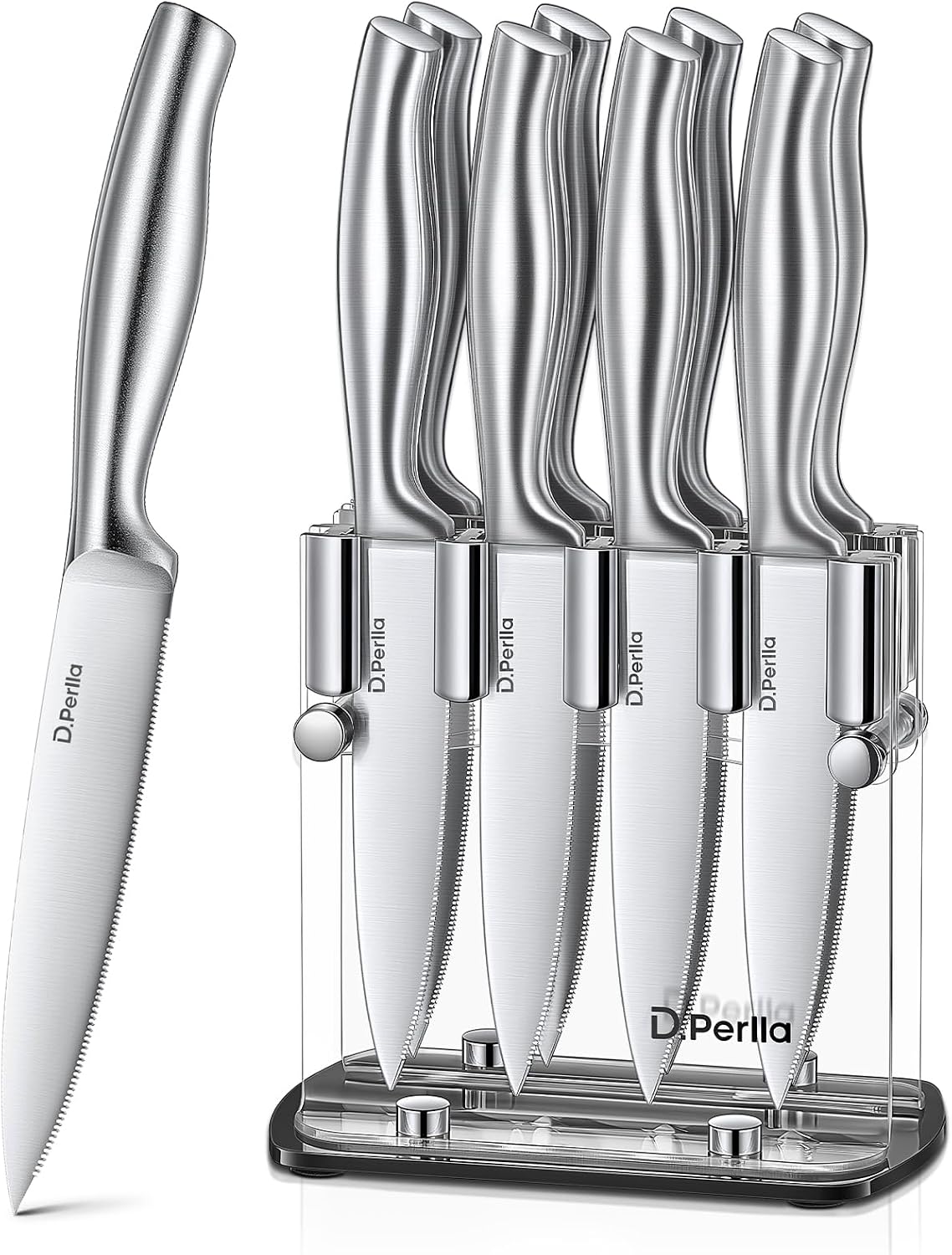 Detalle de D.Perlla K3-9 Steak Knife Set of 8 with Micro-Serrated Blades and Clear Stand