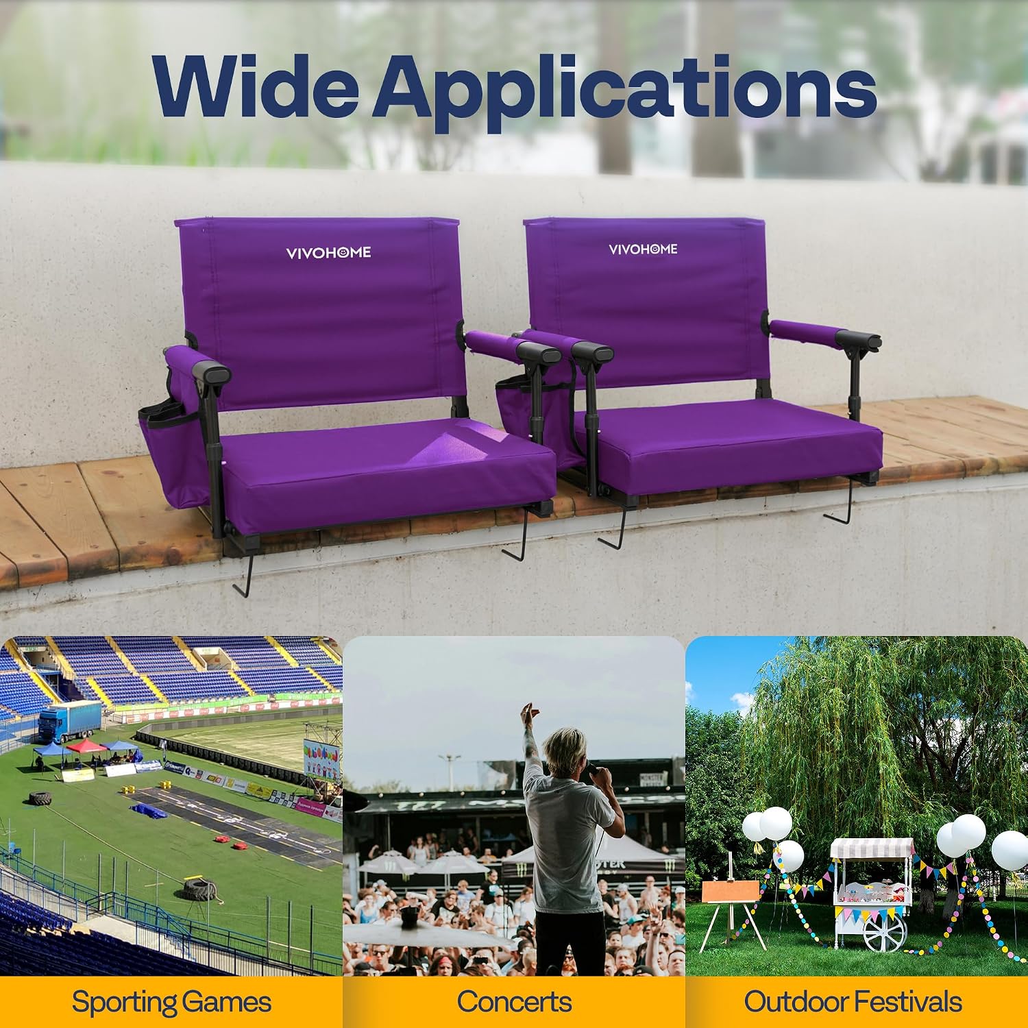 Detalle 2 de VIVOHOME VH1430-PU Stadium Seats with Back Support, Foldable, Purple, 2-Pack