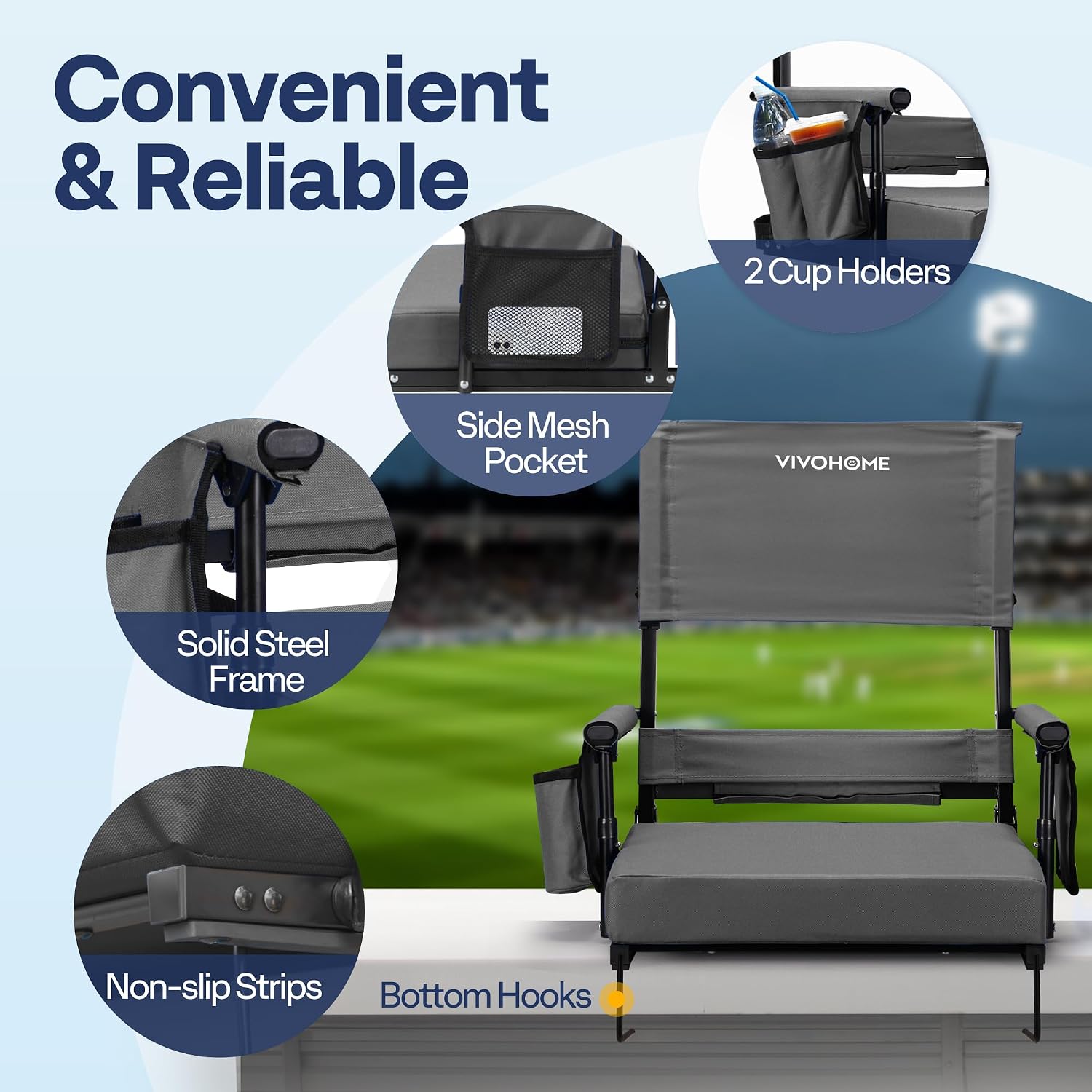 Detalle de VIVOHOME VH1726-GY Stadium Seats, 2-Pack Foldable with Adjustable High Backs
