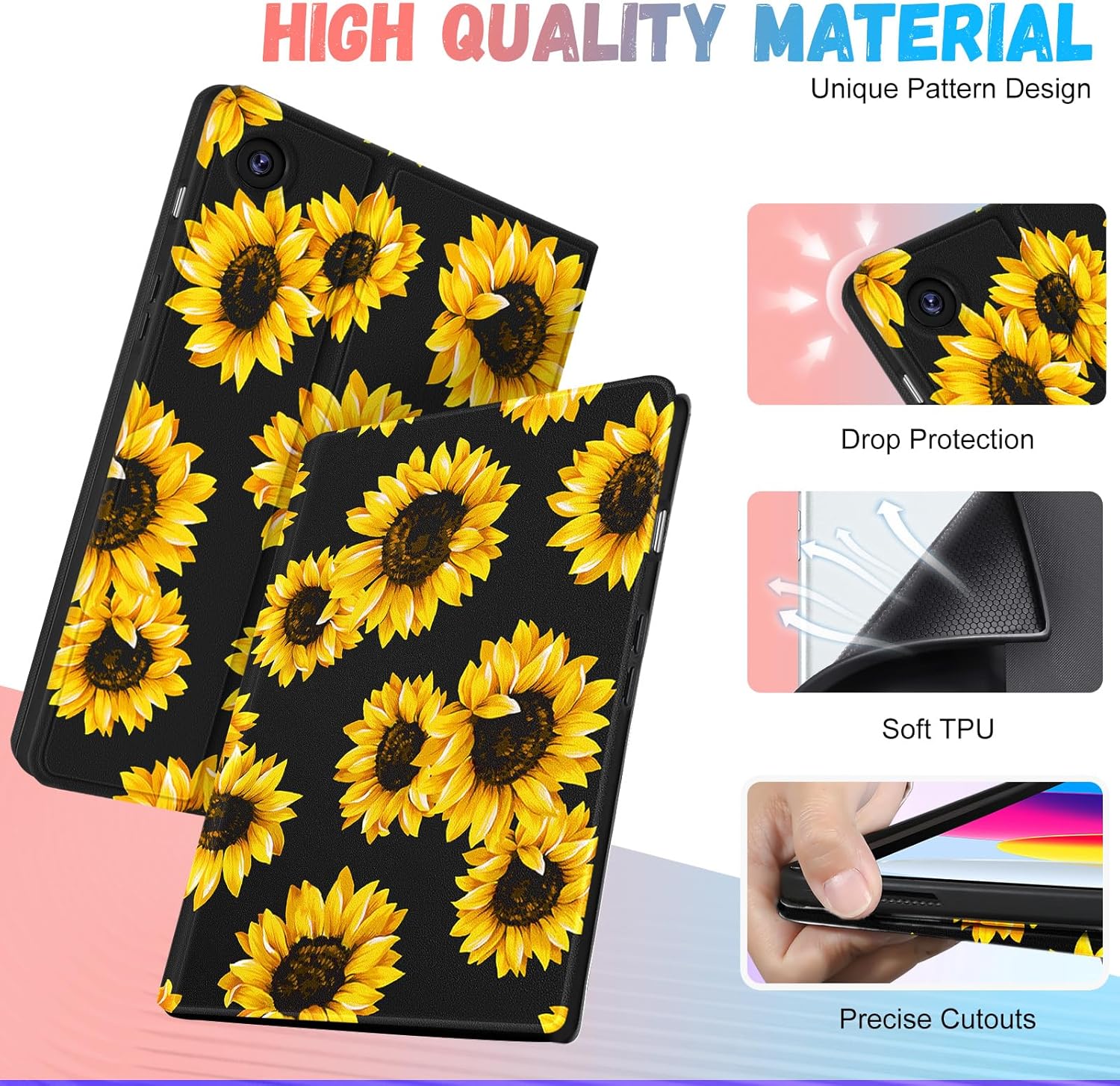 Thumbnail 3 de SurgeCraft Galaxy Tab A9 Plus / A9+ Folio Case 11" – Sunflower Black, Girly Pencil Holder, Auto Wake/Sleep