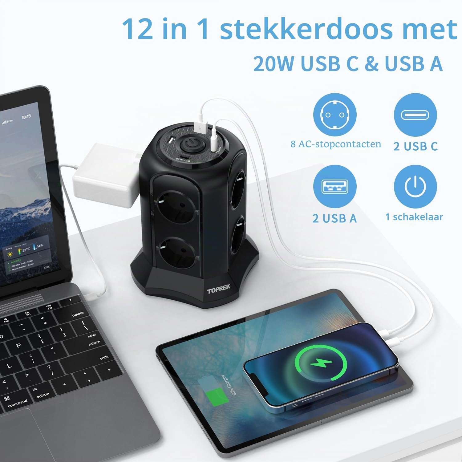 Thumbnail 1 de TOPREK VB4U8E verticale stekkerdoos met 8 stopcontacten en 4 USB-poorten