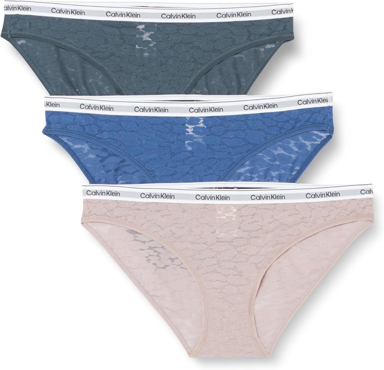 Detalle de Calvin Klein Women’s 3 Pack Low Rise Bikini Briefs in leopard print stretch lace