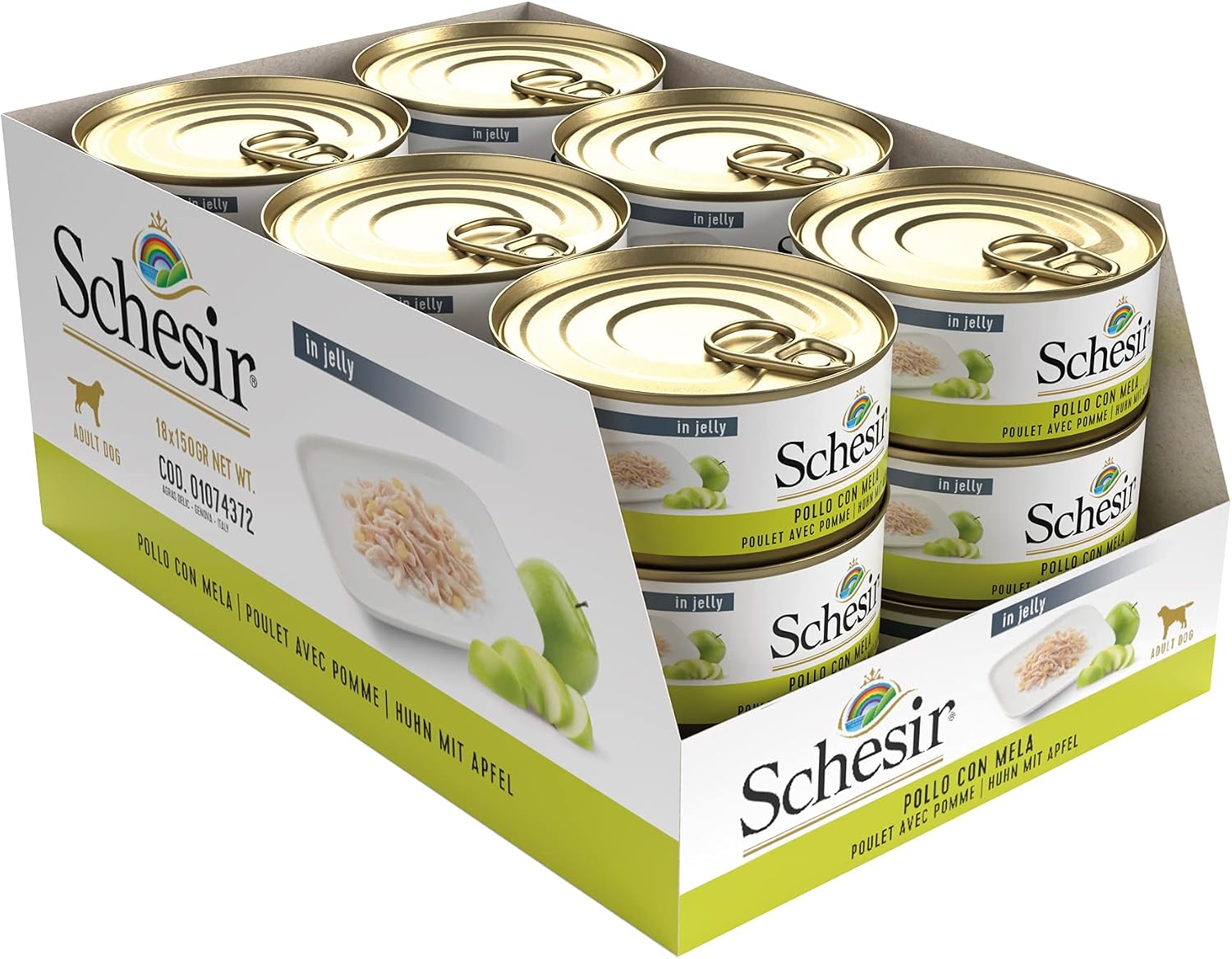 Detalle de Schesir Dog Fruit – mokra karma uzupełniająca, filet z kurczaka z jabłkiem, 18 × 150 g
