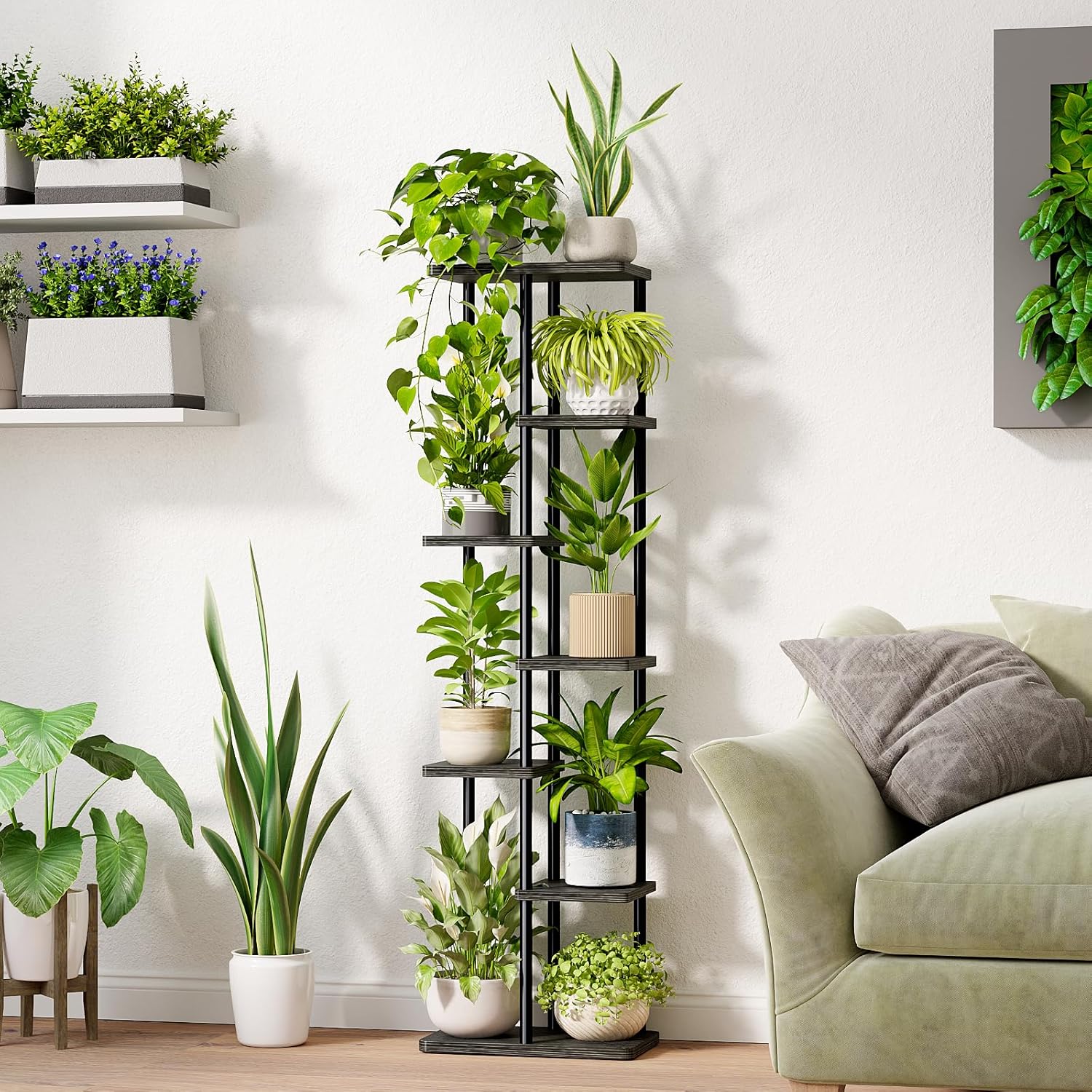 Thumbnail 2 de Bamworld 7 Tier Plant Stand (Indoor Corner Shelf) in Black – Metal Tiered Display for Multiple Pots