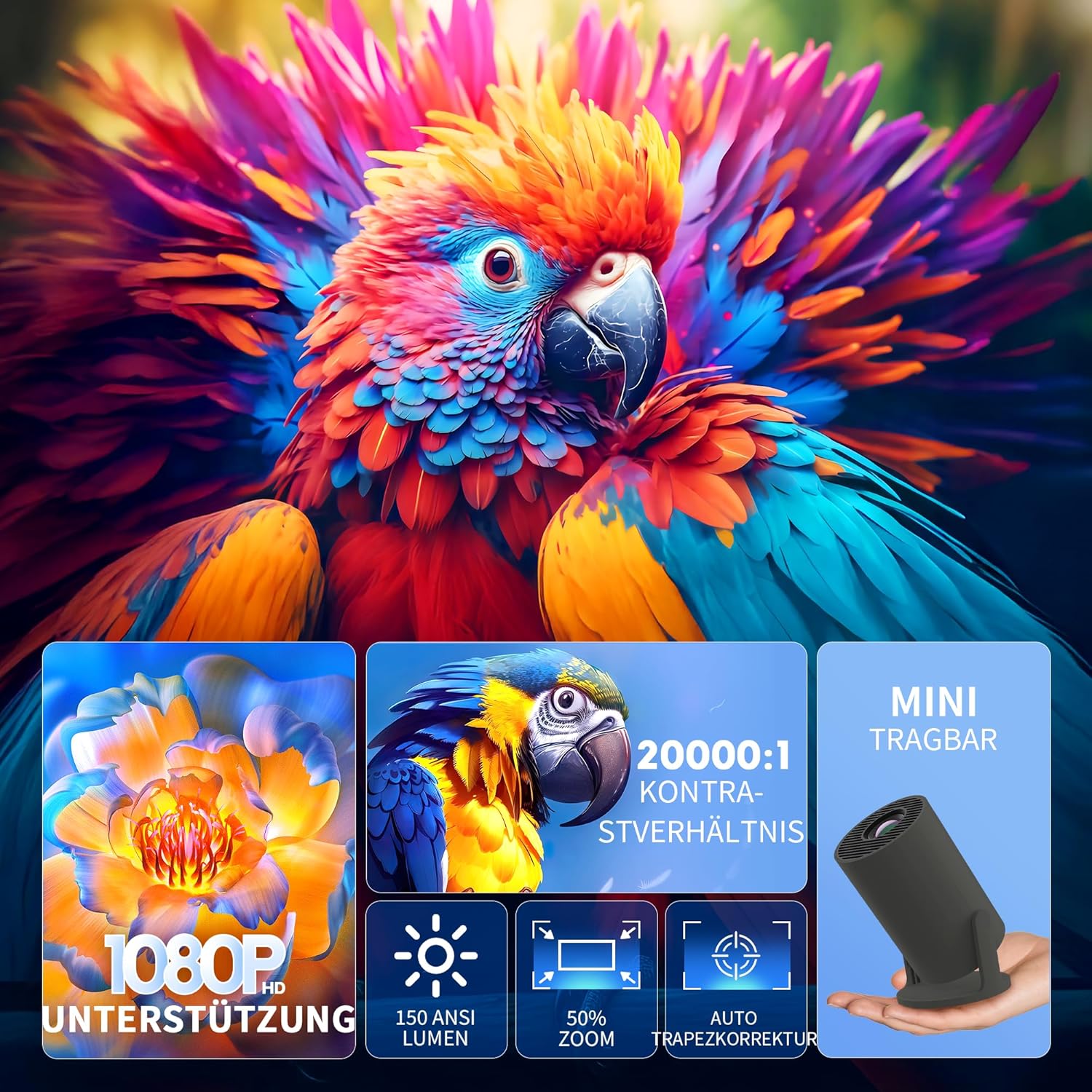 Detalle de Yoton Y4PRO Mini Beamer (tragbar) mit Wi‑Fi 6, Bluetooth 5.4, 720p nativ & 1080p-Unterstützung, Schwarz