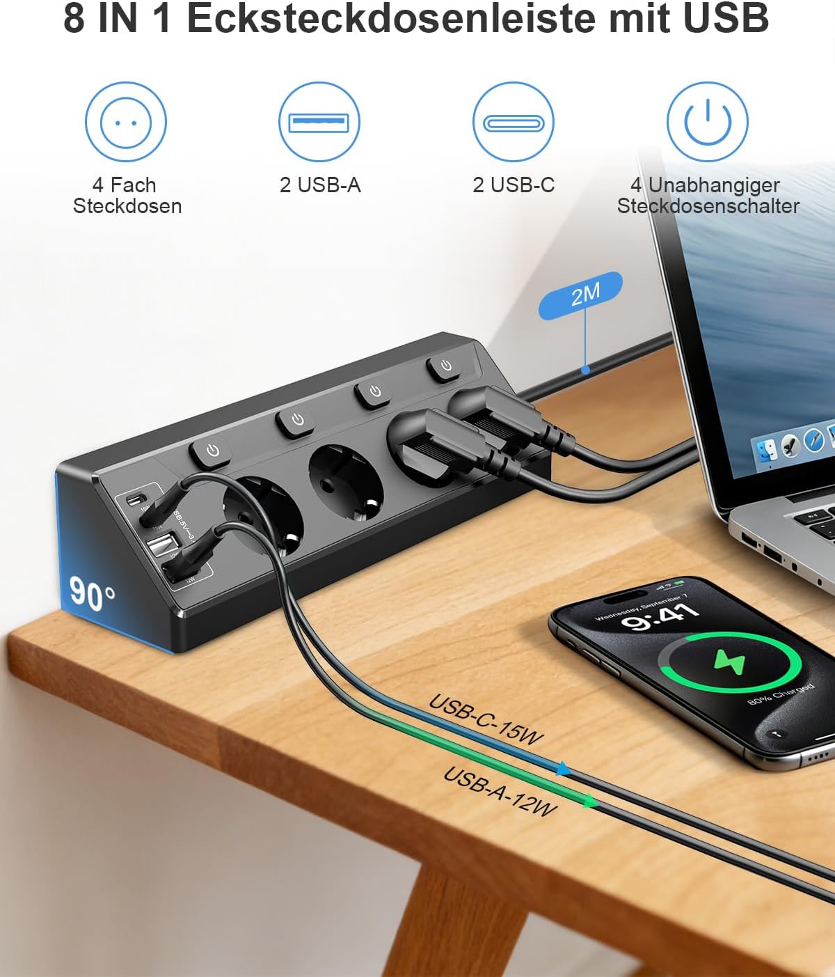 Detalle 2 de vipwell Mehrfachsteckdose 5 Fach 2 m 🔌