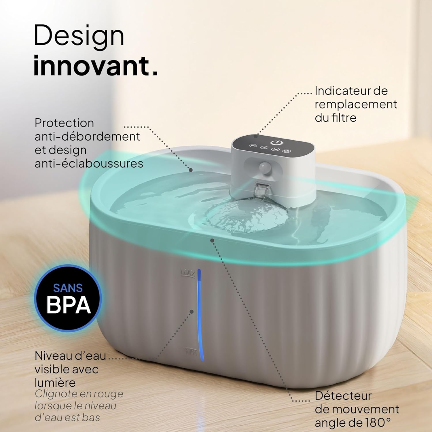 Thumbnail 1 de Pretty Paw fontaine à eau pour chat sans fil 3L Aqua Sense (gris) avec détecteur de mouvement