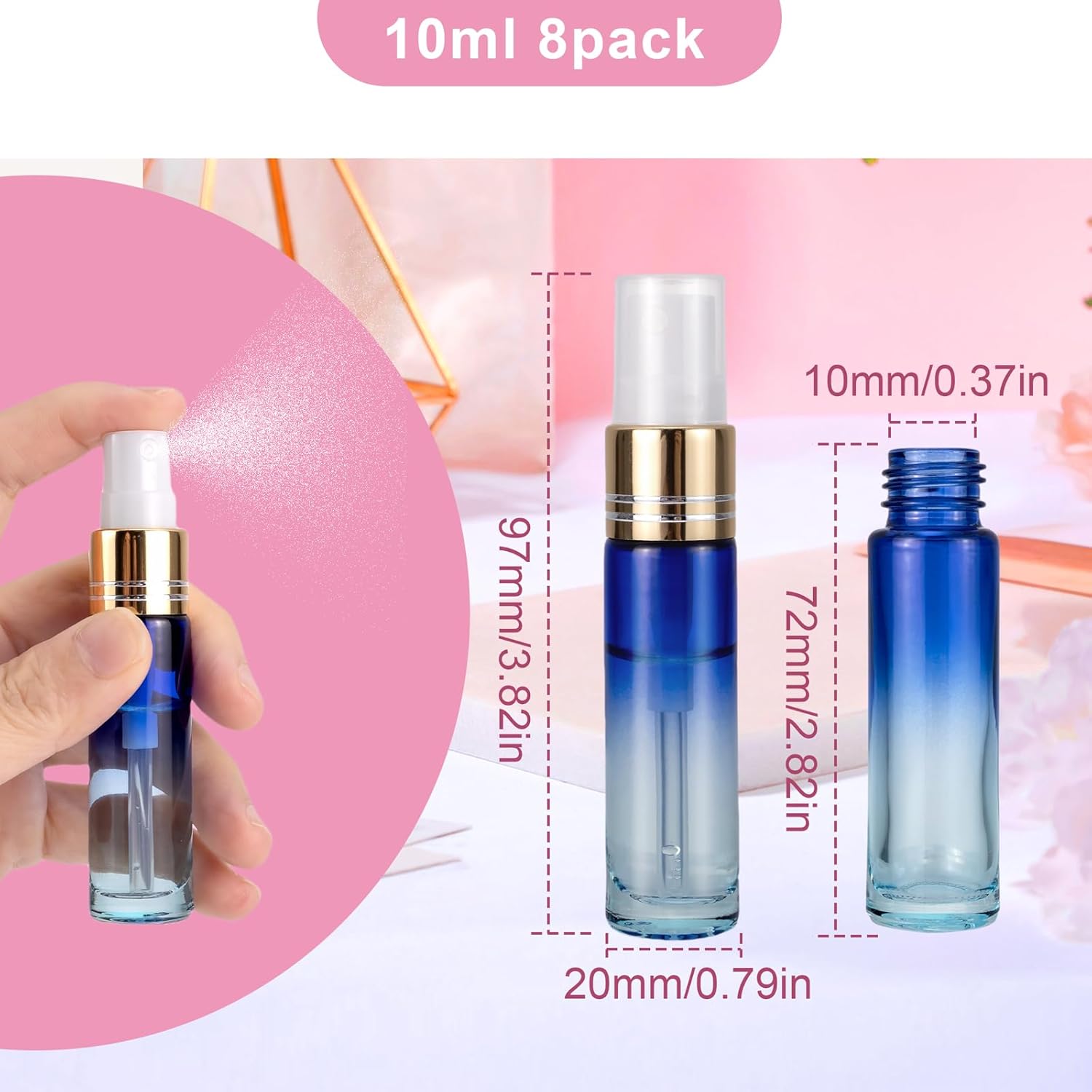 Thumbnail 1 de Unxuey 8 Pack 10ml Mini Travel Spray Bottles (Glass, Leak-Proof, Fine Mist)