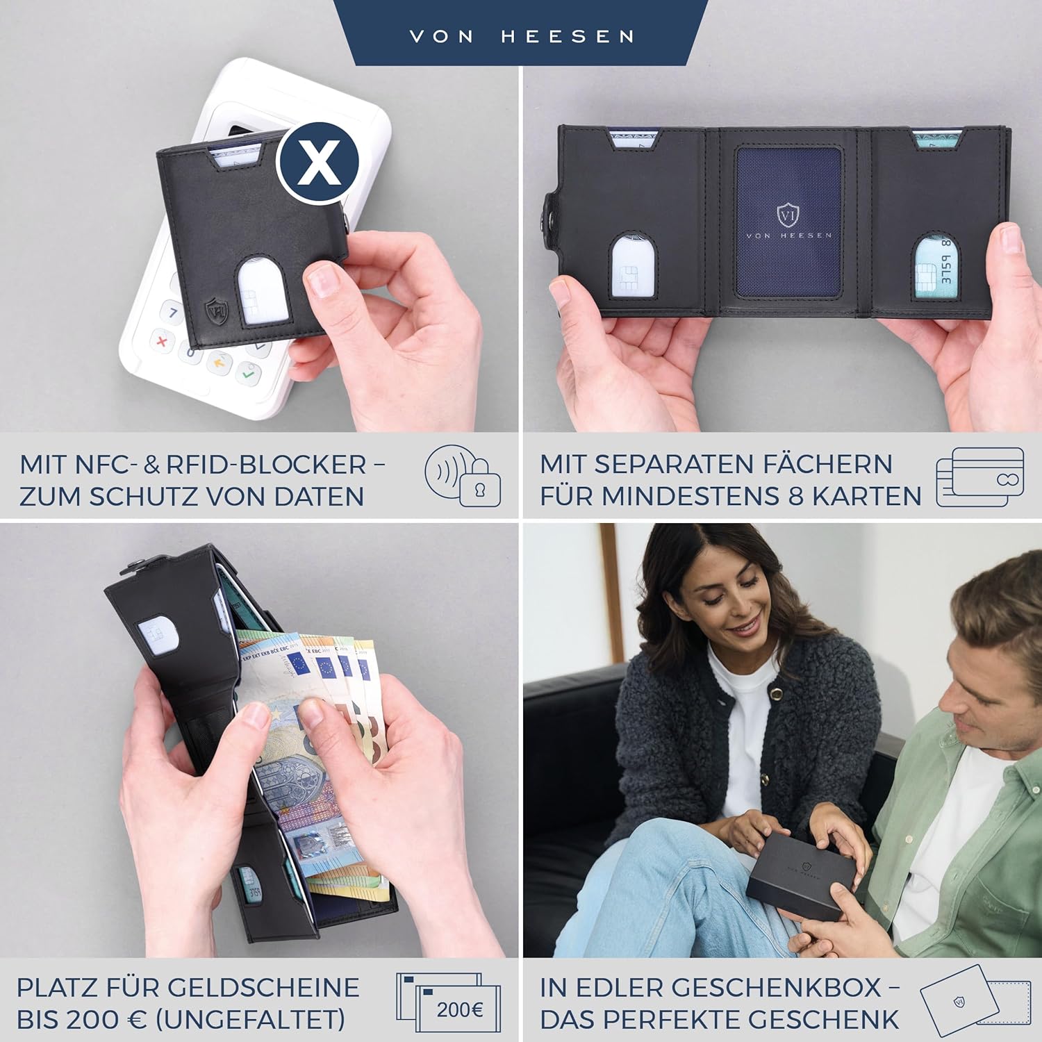 Detalle de VON HEESEN Slim Wallet mit Münzfach & RFID Schutz – Mini Portemonnaie aus Echtleder, Schwarz (Waxy)
