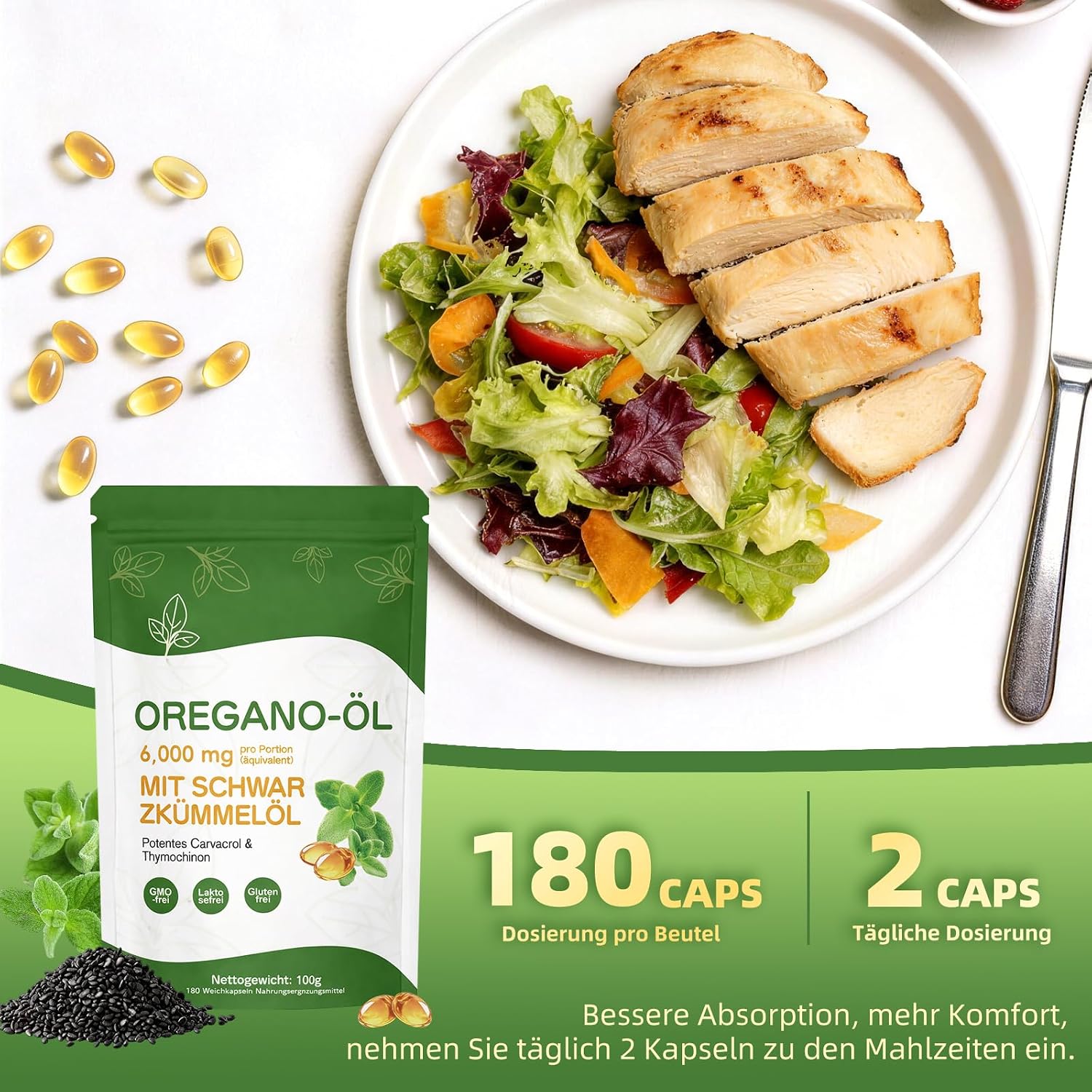 Thumbnail 2 de Oregano Öl Kapseln 6000 mg (2-in-1 Oregano & Schwarzkümmelöl) – 180 Softgels, vegan, gluten- & laktosefrei
