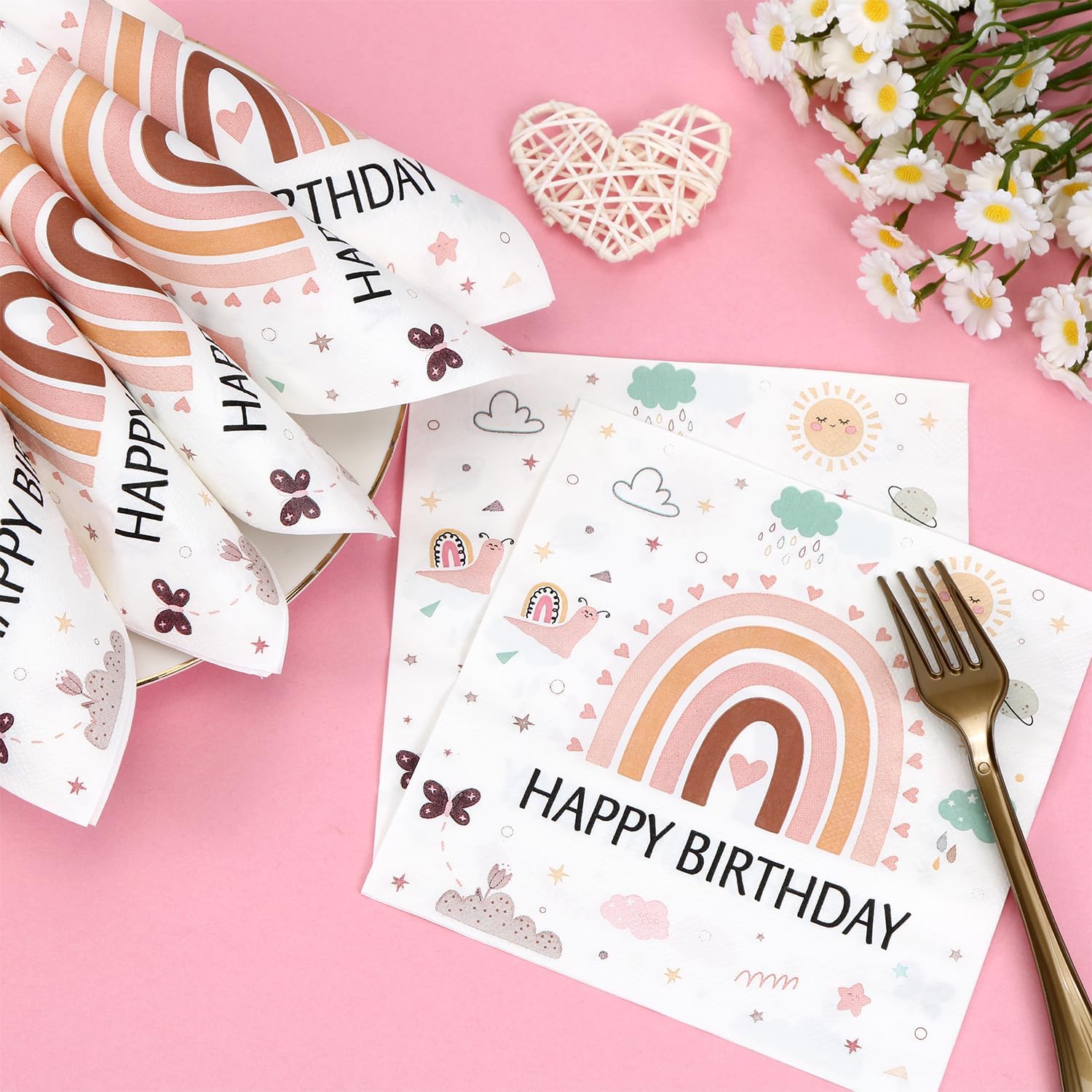 Thumbnail 2 de 40 x Regenbogen Geburtstag Servietten „Happy Birthday / Schön dass du da bist“ – 3-lagig, 33 x 33 cm (gefaltet 16,5 x 16,5 cm)