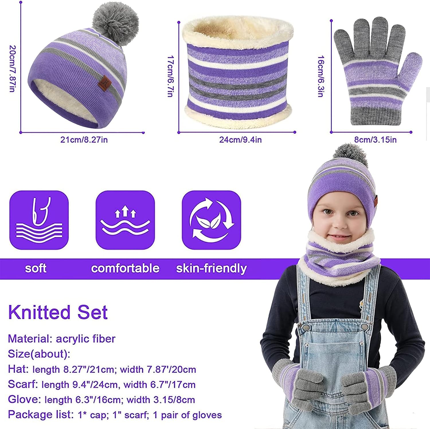 Detalle 1 de FZ FANTASTIC ZONE S624kidhatscarfgloves-purple Kids’ Winter Hat, Scarf and Gloves Set