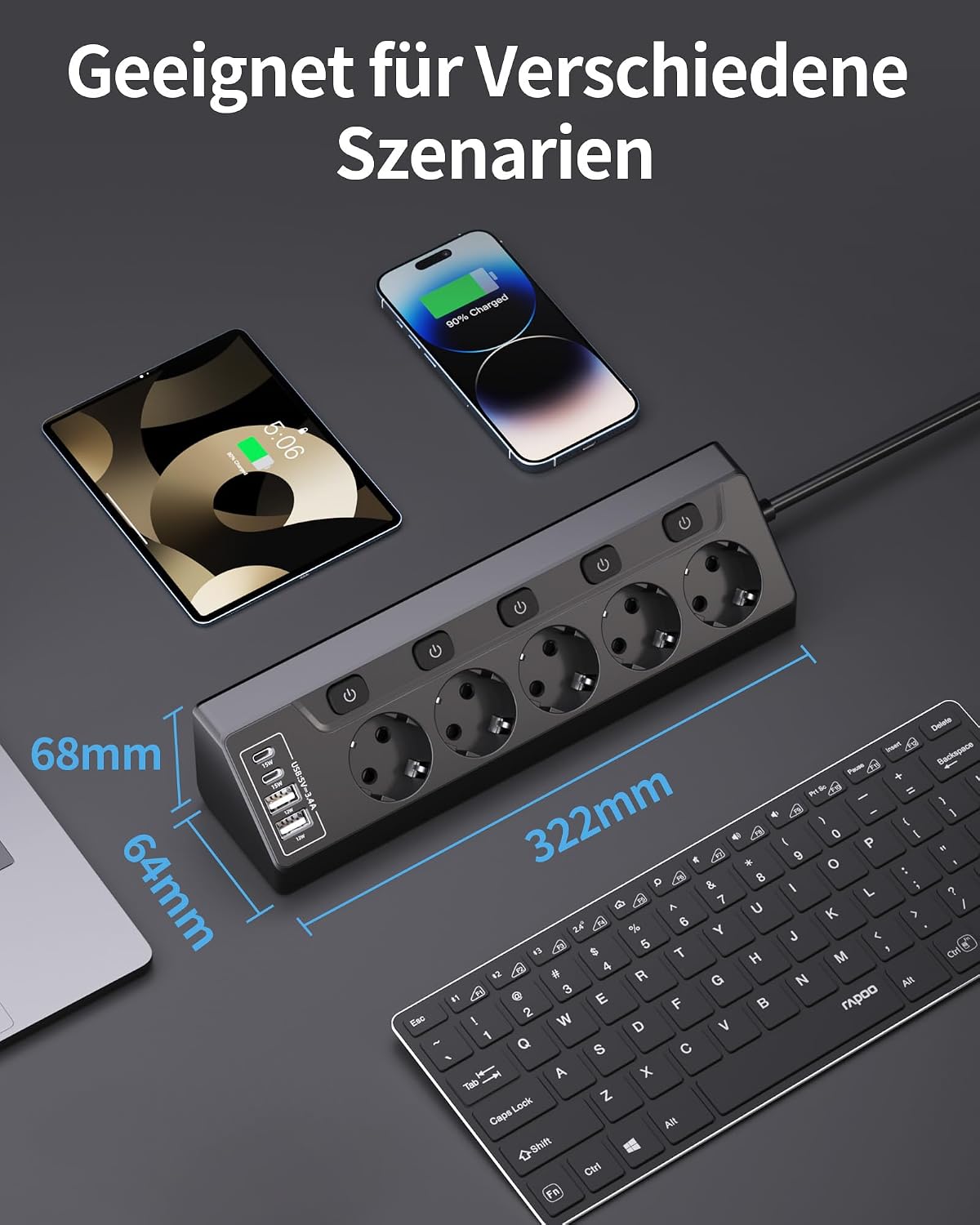 Thumbnail 5 de RivHillX Tischsteckdose Steckdosenleiste mit USB (schwarz) – 5-fach, einzeln schaltbar