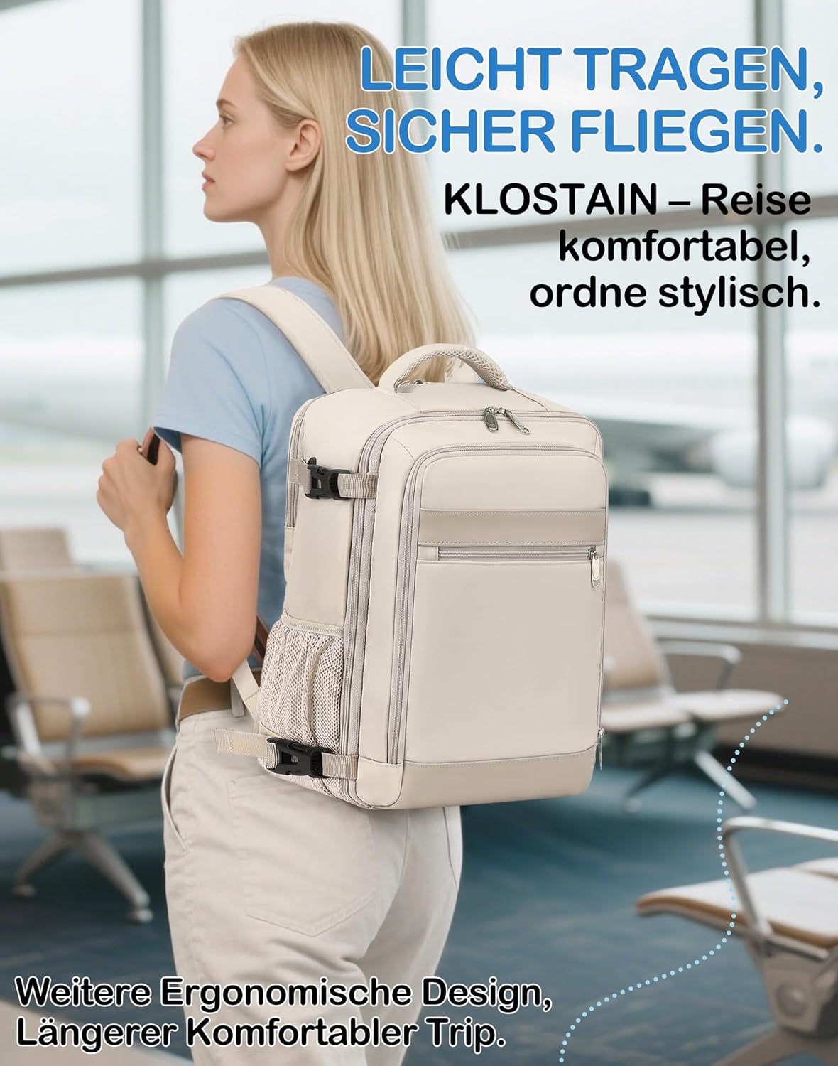 Thumbnail 5 de KLOSTAIN Handgepäck-Rucksack 40 x 20 x 25 cm (20 L) mit 14-Zoll-Laptopfach – Beige