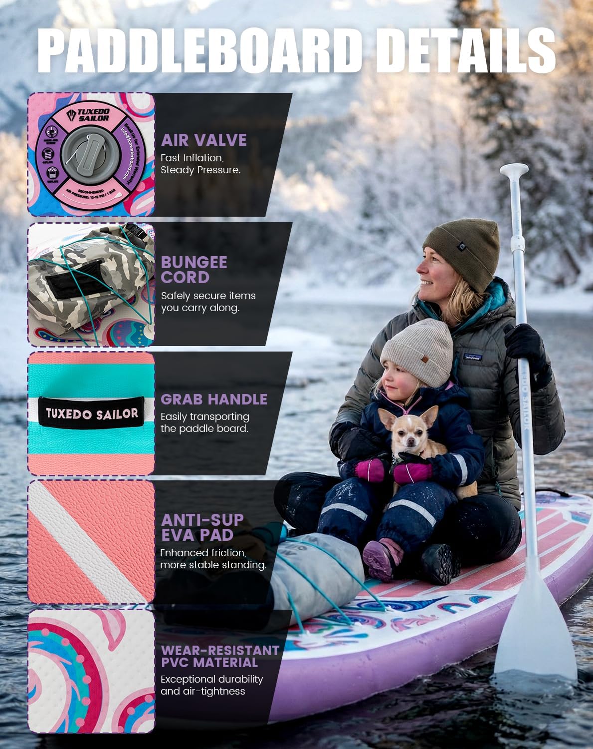 Detalle de Tuxedo Sailor 10'6"/11' Inflatable SUP with Accessories — Stable, Family‑Friendly Paddle Board