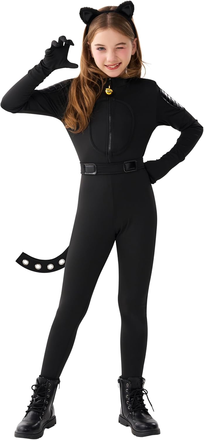 Detalle de Spooktacular Creations Black Cat Costume for Girls with Tail and Front-Zip Bodysuit
