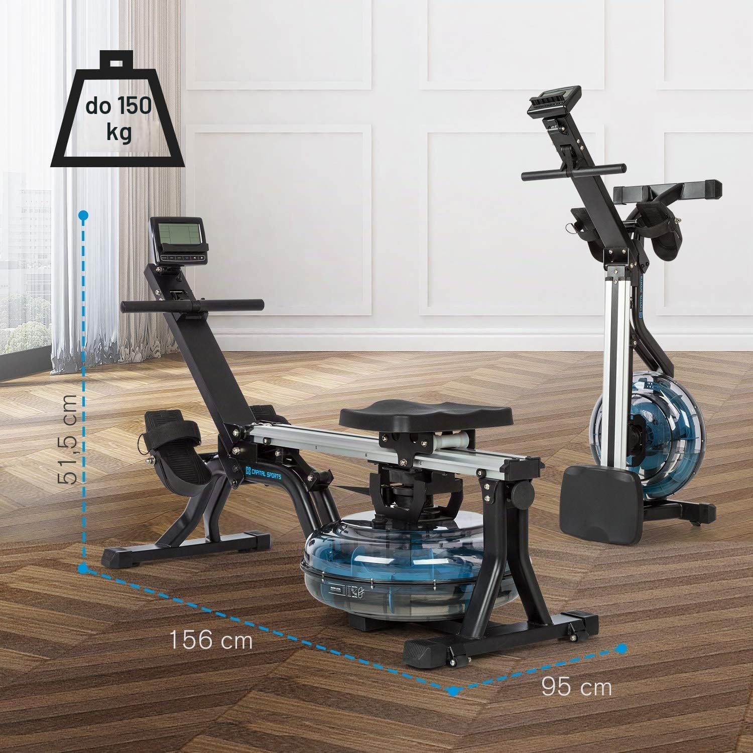 Detalle 2 de Capital Sports Flow M1 – wioślarz wodny, 8 poziomów oporu, LCD i uchwyt na tablet