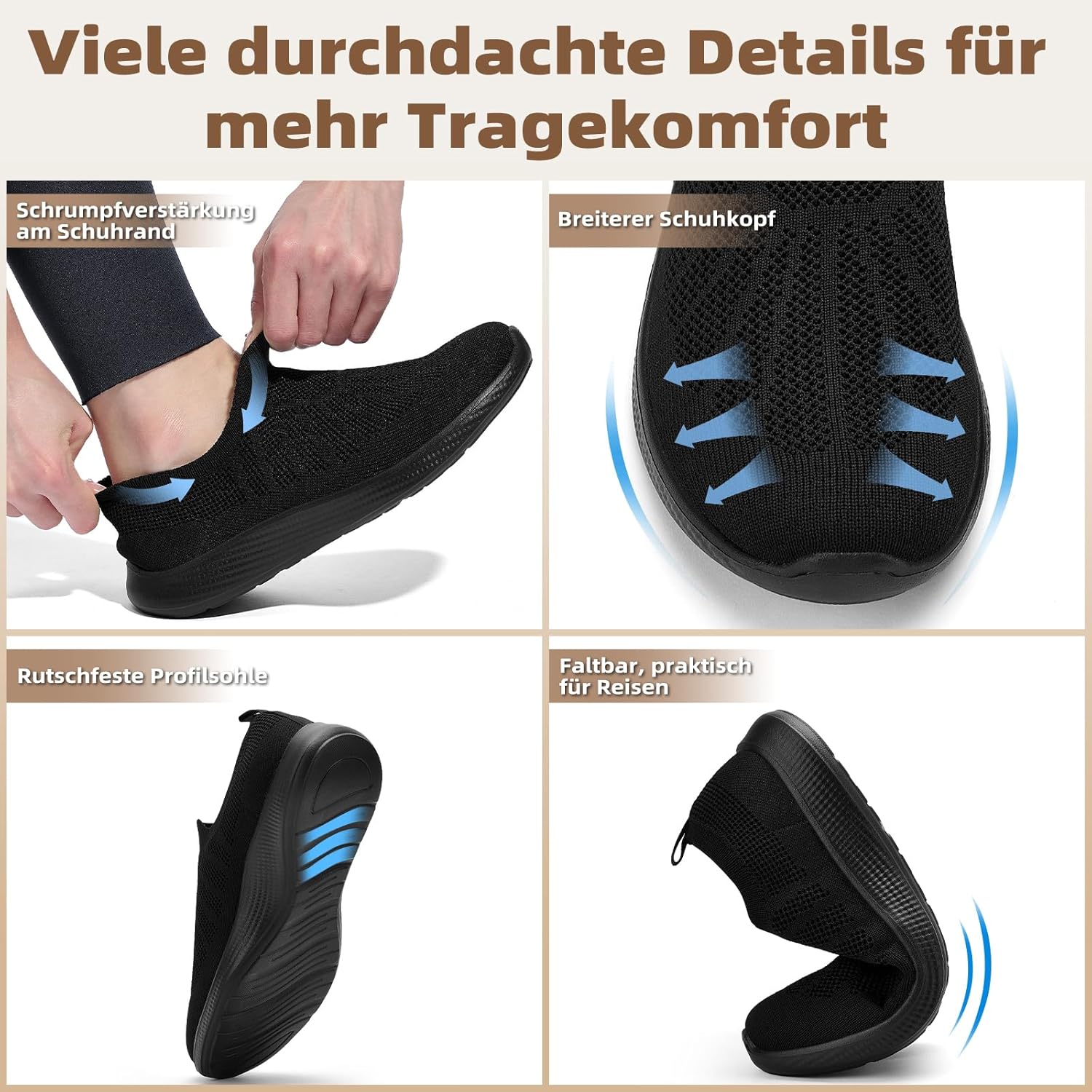 Detalle de Puxowe Sneaker Damen Slip-On Freizeit Laufschuhe mit Memory Foam – bequeme Sportschuhe für Walking