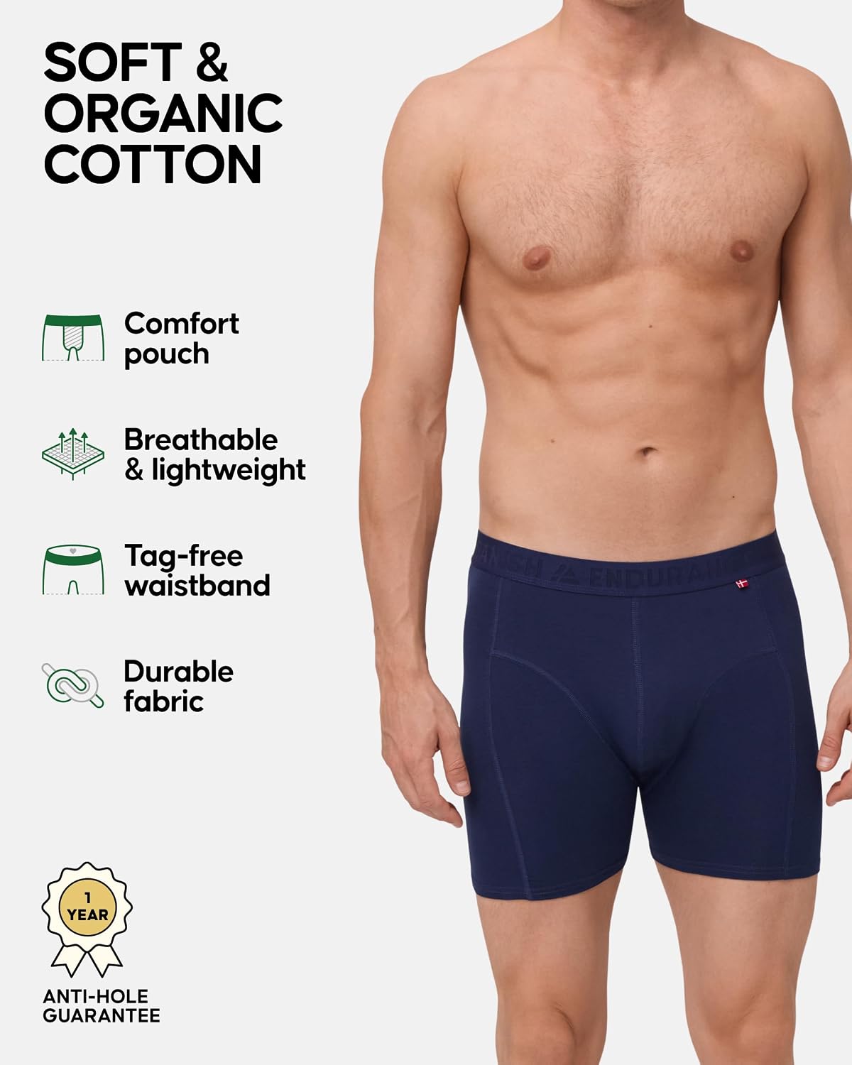 Detalle 2 de DANISH ENDURANCE Men's Organic Cotton Boxer Shorts, 95% Cotton, 5% Elastane