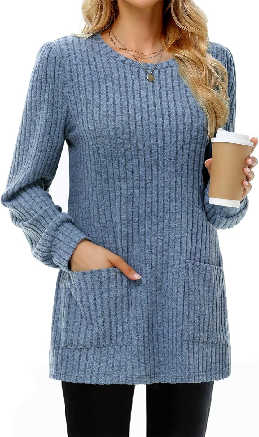 Thumbnail 6 de Tanmolo Damen leichter Pullover mit Rundhals und Taschen – Strickpullover als Tunika für Herbst & Winter