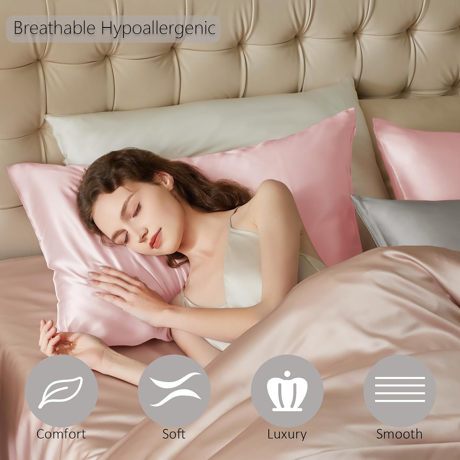 Detalle de Townssilk Beidseitig 100% Maulbeerseide Kissenbezug 40x80 cm – Dusty Pink, versteckter Reißverschluss