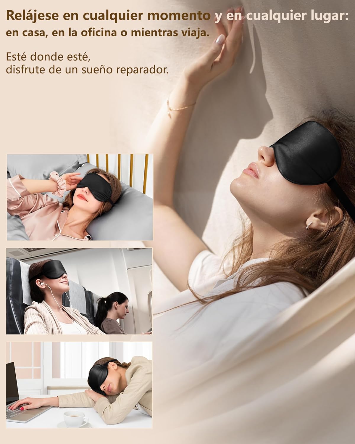 Detalle 2 de Aosun Antifaz para Dormir de Seda 100% Natural con Correa Ajustable y Sin Presión Ocular