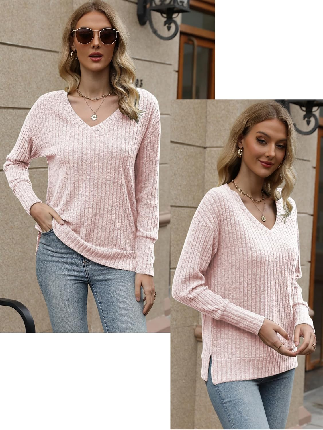 Detalle de Famulily Damen-Pullover mit V-Ausschnitt, Langarmstrick – vielseitig & bequem