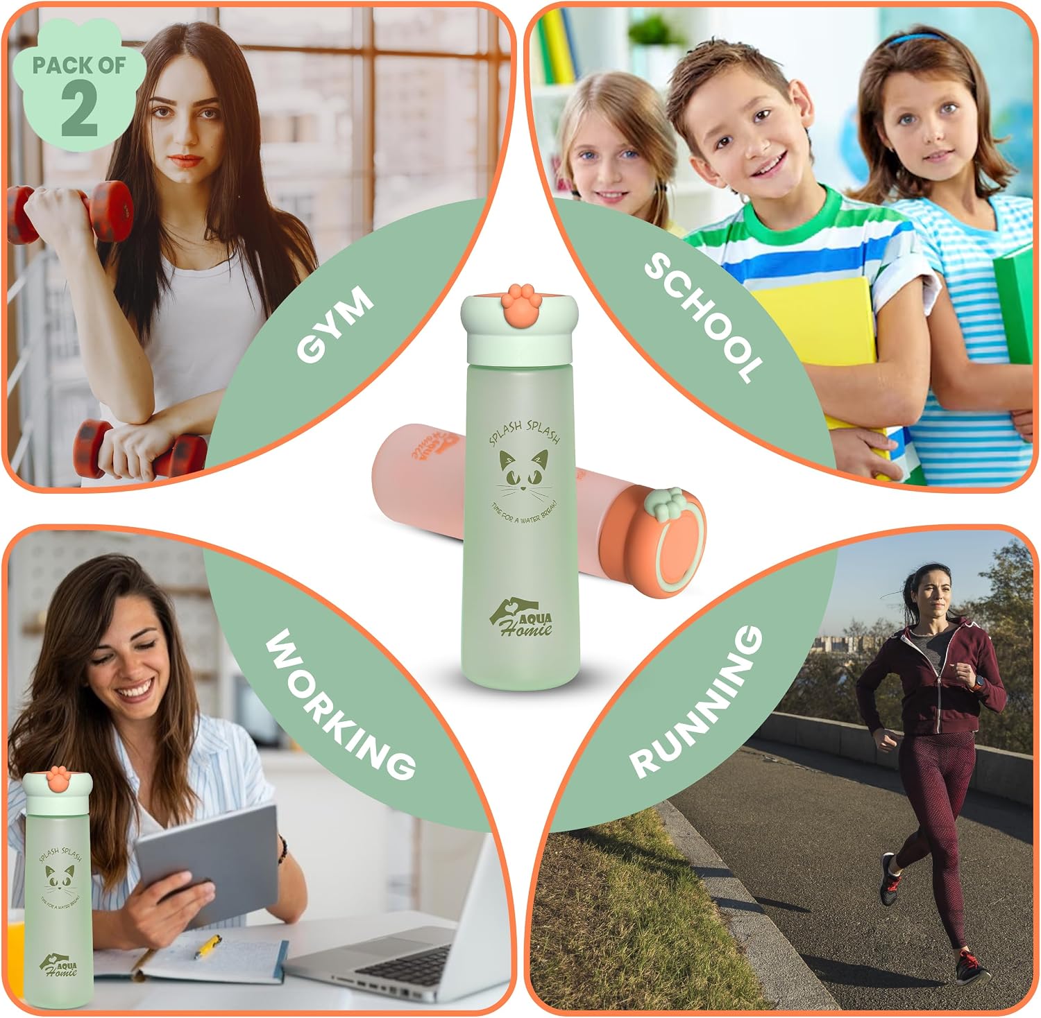 Thumbnail 6 de AQUA HOMIE 2-pack 530ml motivational water bottles with paw lid (leakproof, BPA-free) – Green & Orange