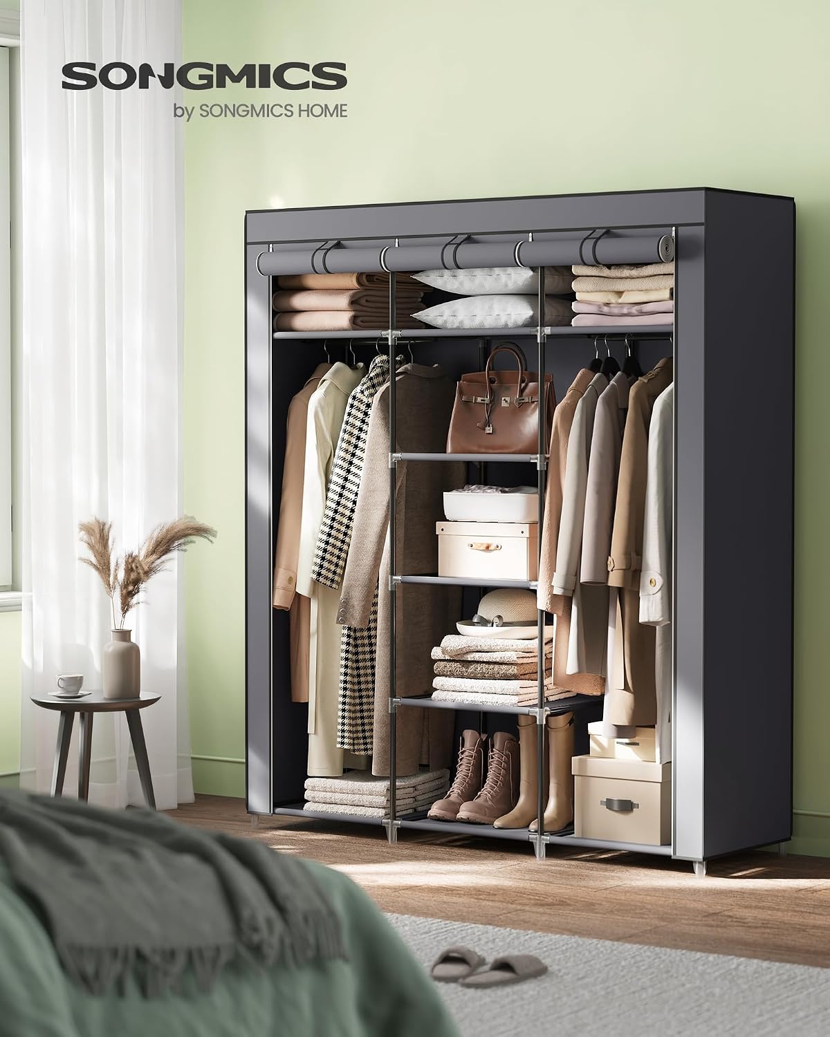 Detalle 2 de SONGMICS RYG12G fabric wardrobe cupboard with hanging rails and shelves, 175 x 150 x 45 cm (grey)