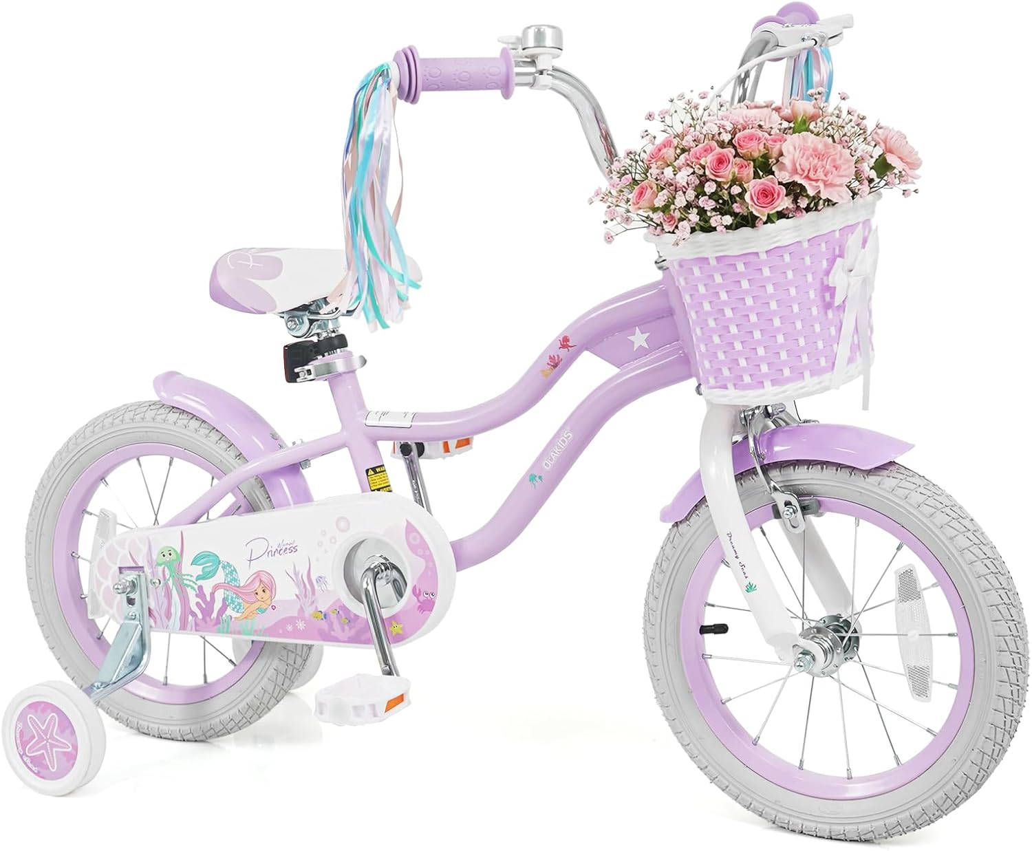 Detalle de Olakids Mermaid Theme Kids Bike — 12–20 Inch Bicycle with Training Wheels, Basket, Adjustable Seat and Handlebar