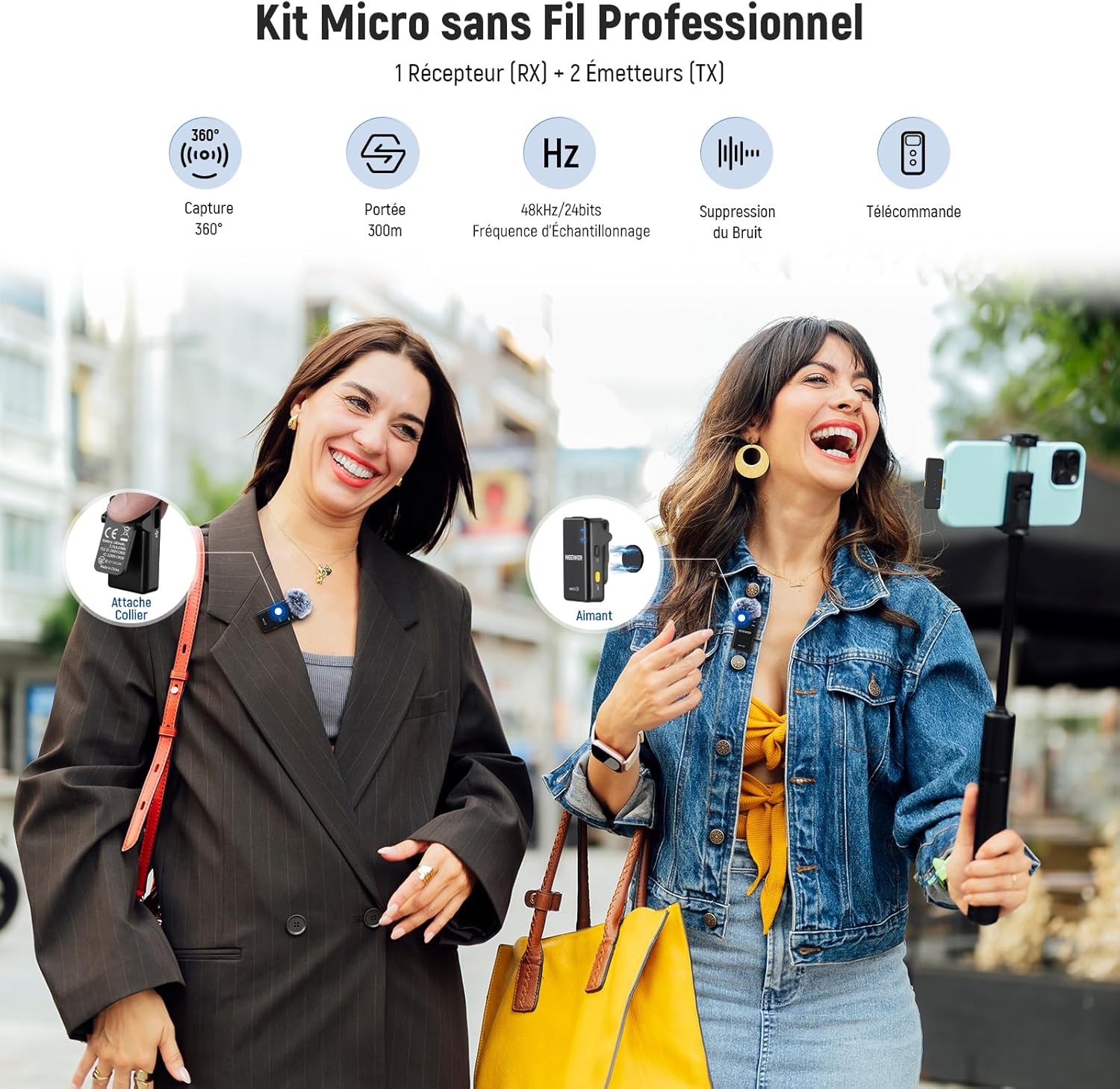 Detalle de NEEWER Kit micro sans fil lavalier KM15 : récepteur USB‑C + 2 émetteurs TX + boîtier de charge OTG