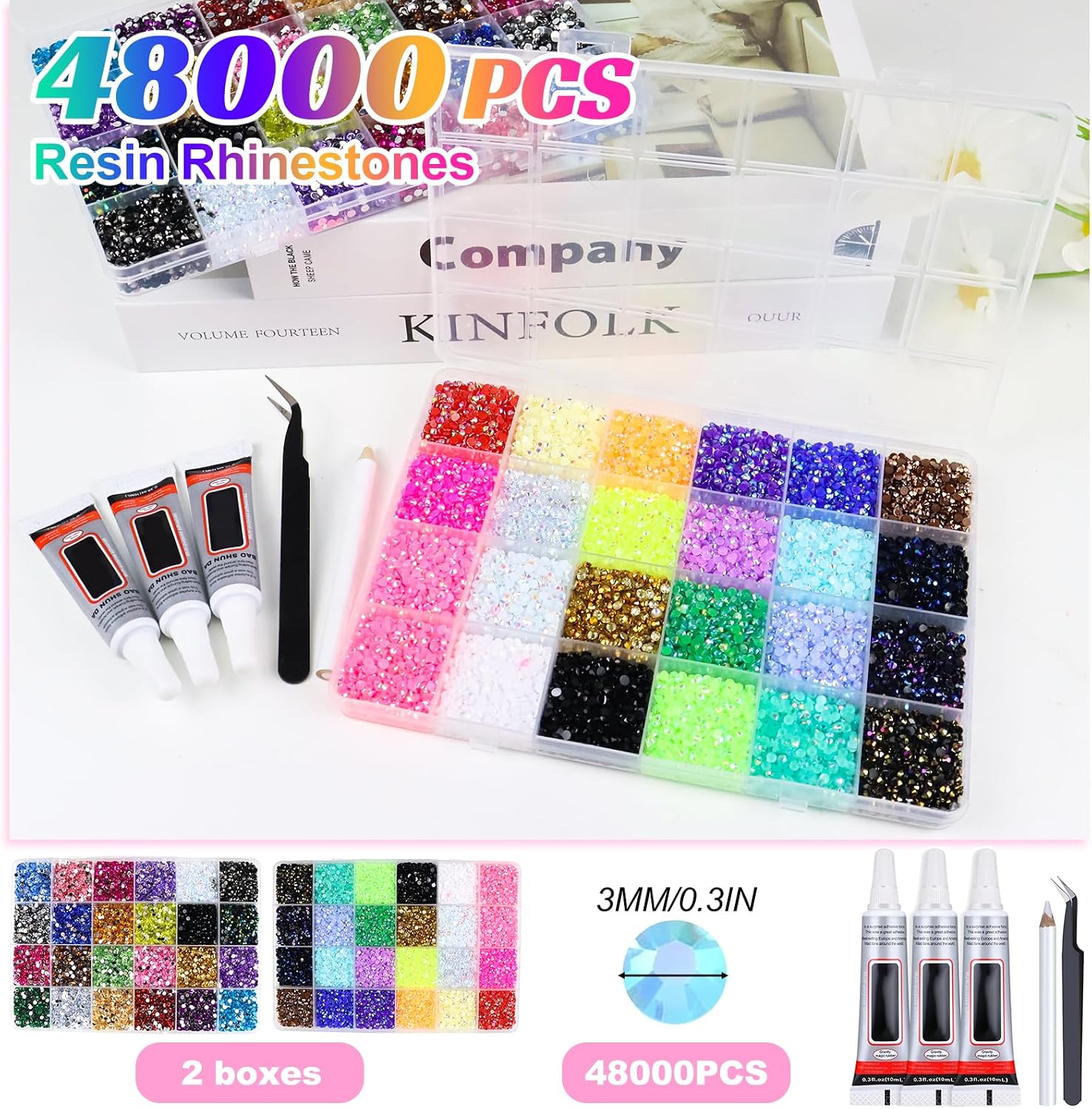 Thumbnail 1 de DaaJu strass-steentjes van kunsthars, 3 mm, 48 kleuren en 48.000 stuks