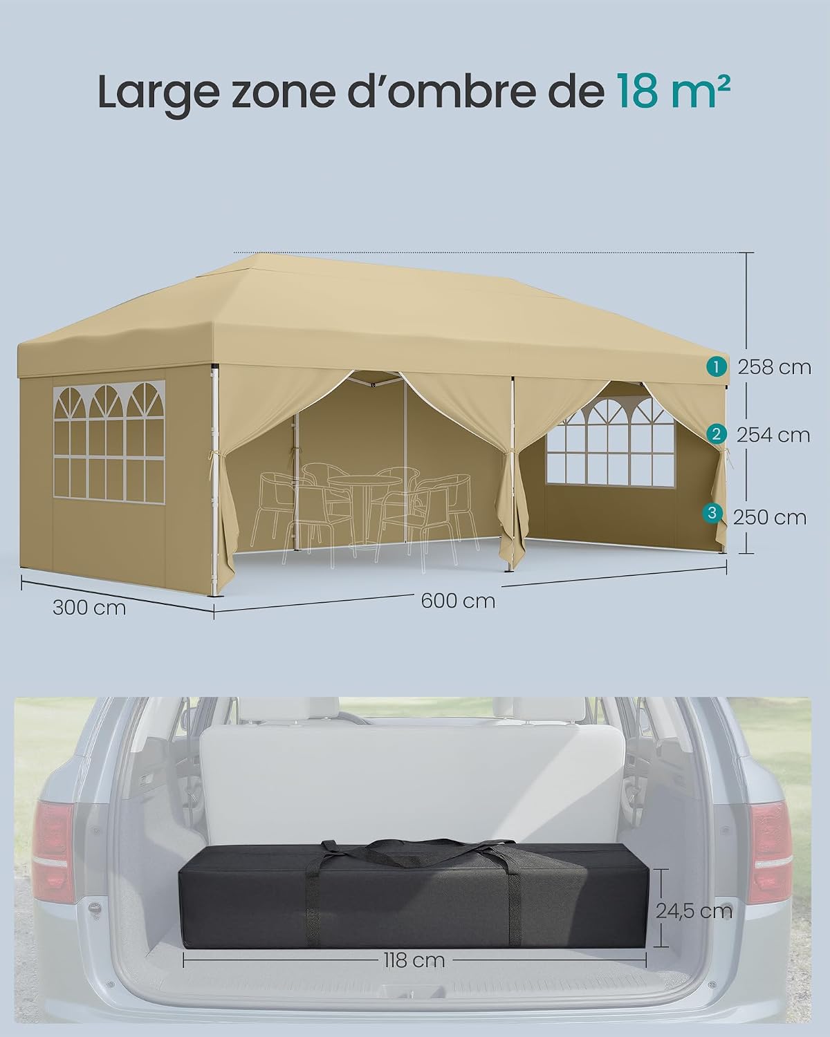 Detalle de SONGMICS Tonnelle chapiteau pliable avec parois latérales 6 x 3 m beige GCT204LZ01SONGMICS