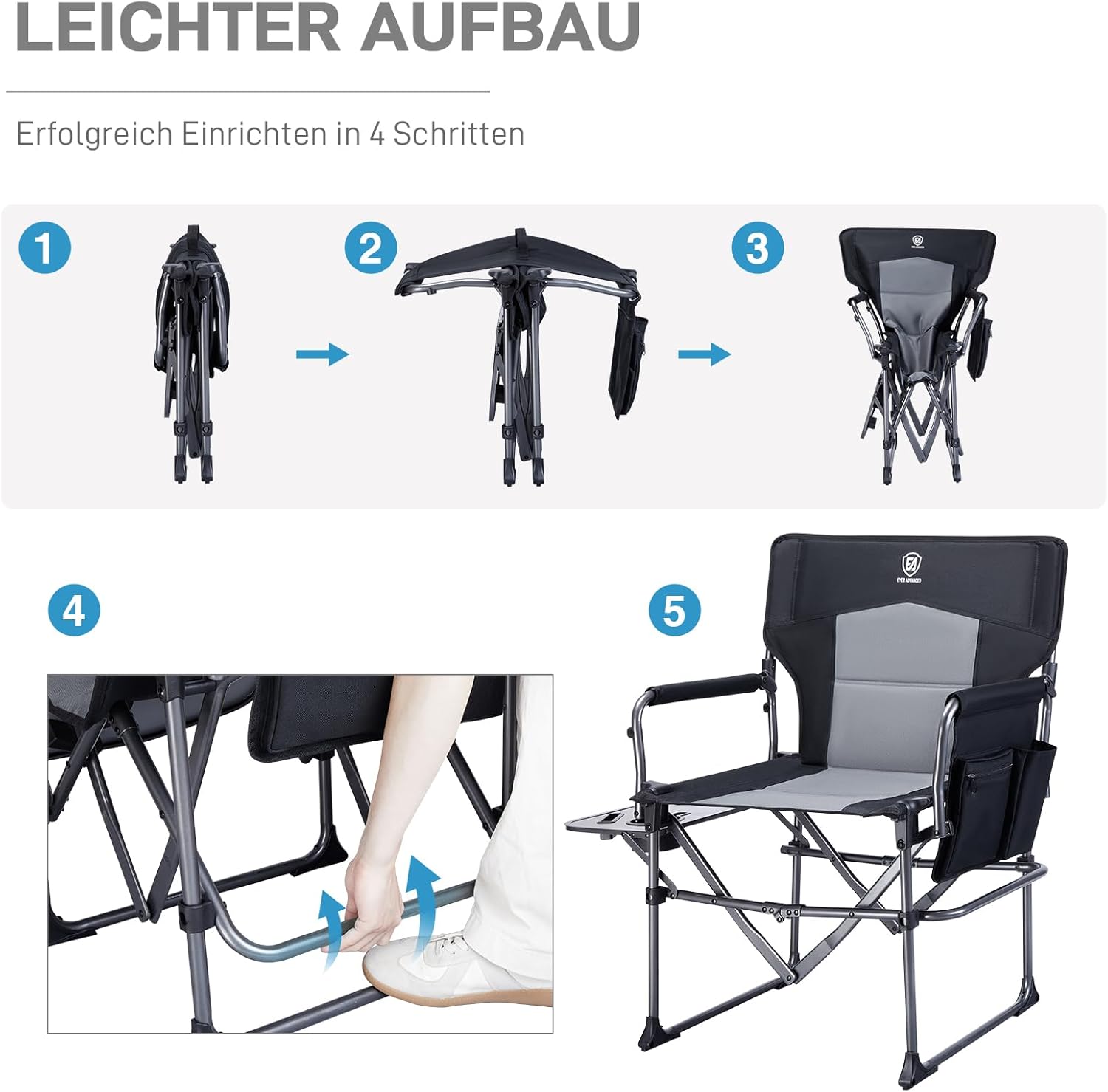 Thumbnail 6 de EVER ADVANCED Regiestuhl Klappbar 180KG Belastbar – kompakt, mit Seitentisch und Seitentasche