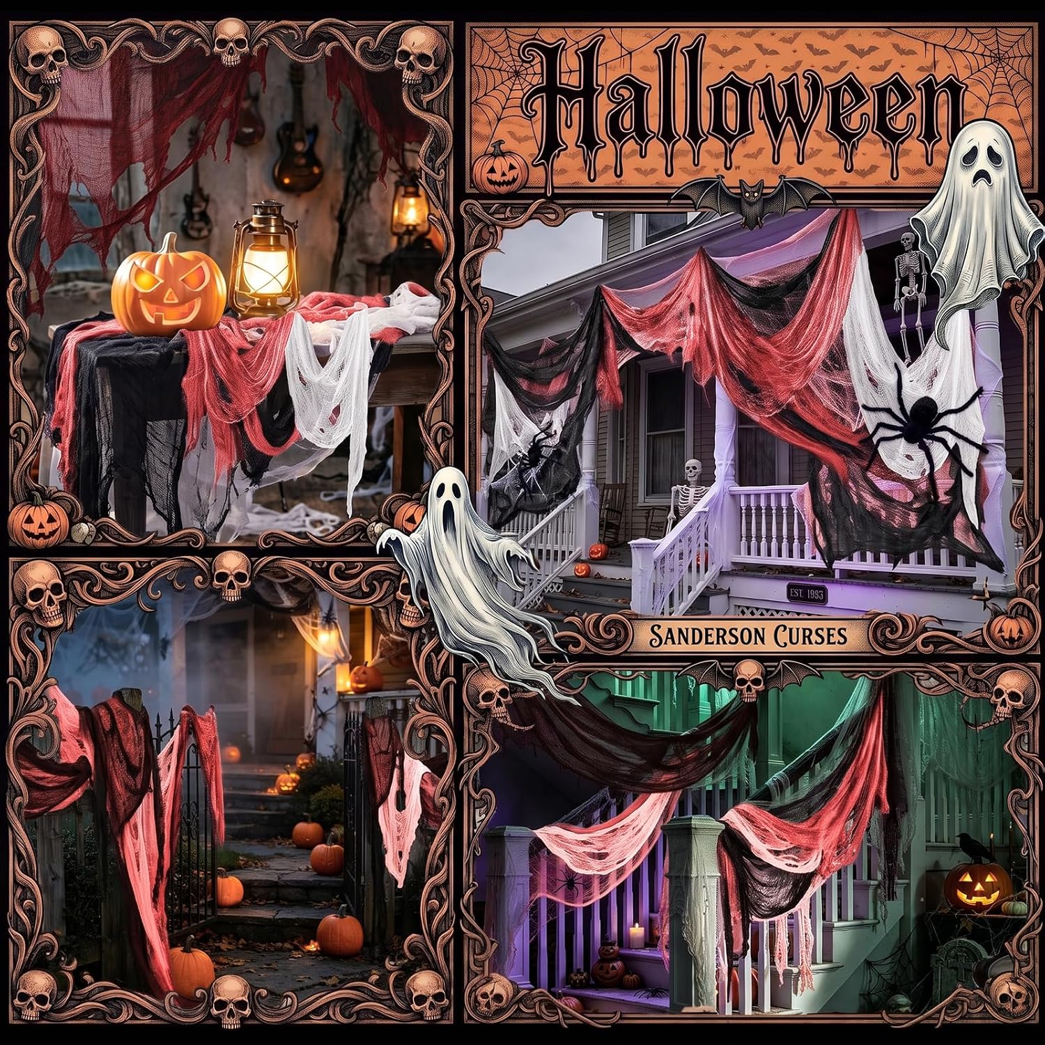 Detalle 2 de Tmflexe ZZW6-F Creepy Cloth Halloween Decorations, 30 x 72 Inch, 6-Pack
