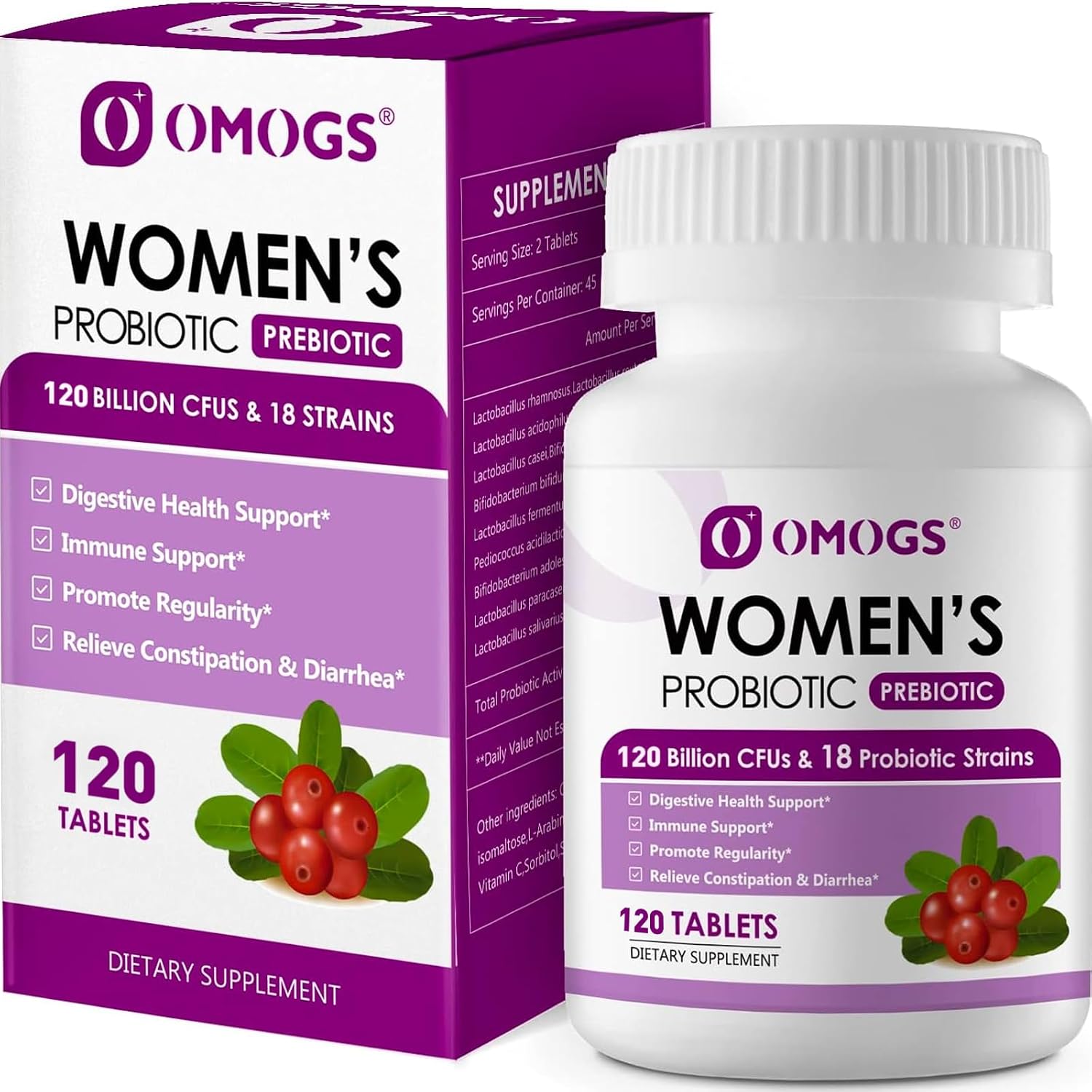Detalle de OMOGS Women's Probiotic Tablets with Cranberry, Prebiotics, Vitamin C & 18 Strains
