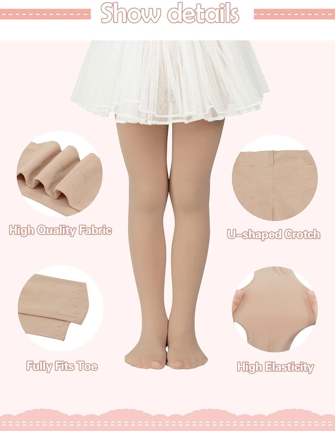 Detalle de Century Star 3-Pack Girls’ Ballet Tights with Soft Stretch and Grip Sole